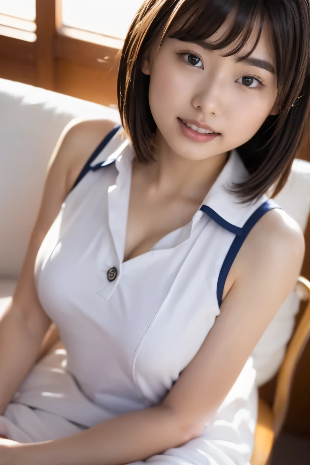 ((Big Breasts))、From above、8k, highest quality, (Skin dents), morning, (bright), blurred background, indoor, (street:0.6), (), Beautiful Bangs, nice,, (dress, High School Uniforms:1.3),Soft lighting, Charm, classroom,School, machine,Chair ,White light, (Mouth closed:1.2, Beautiful Eyes、ロケット型のBig Breasts, Fine grain, Detailed Iris, Beautiful Lips, Beautiful Nose, Beautiful Face)、Relaxed pose with relaxed shoulders、Small cotton bikini pantieachineの角でマスターベーションしている、