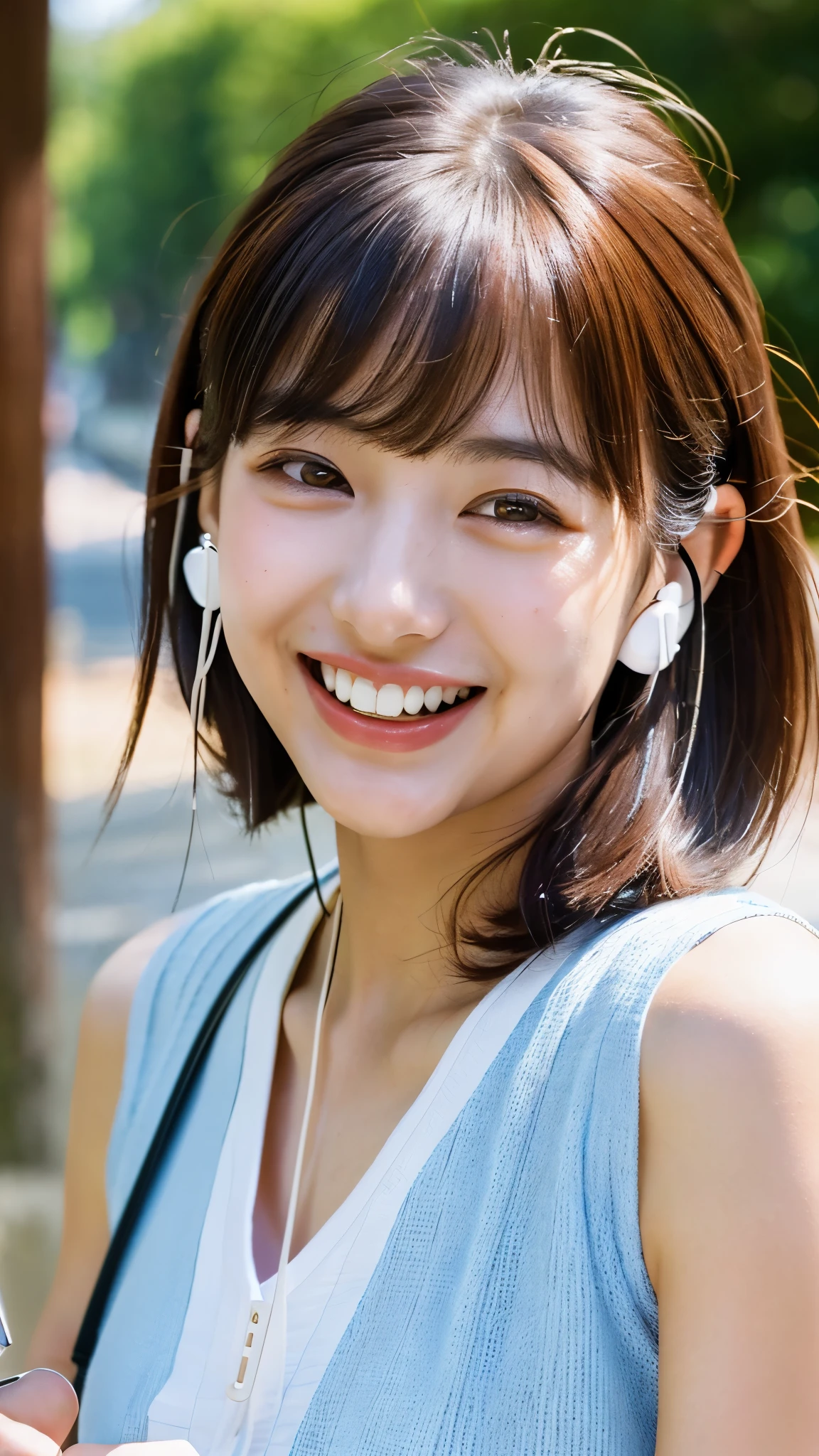 highest quality, masterpiece, Ultra-high resolution, (Realistic:1.4),((Narrow face)), (Close-up portrait) RAW Photos, 1 girl,20-year-old,((Inside the Shinkansen)),((Wireless Earphones)),((Staring at your smartphone screen)),,((Asian Fashion)),Messy Hair,((Dark chestnut hair)),((Bangs short)),Realistic,picture media chest)),((Smiling with teeth showing)),((Big smile))
