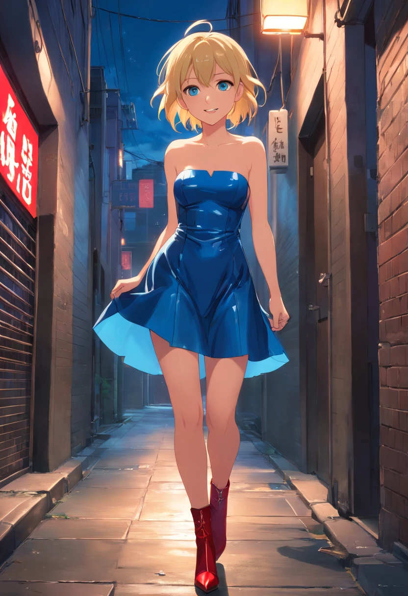 Mujer, , ((Blonde)), ((blue eyes)), sonriendo, (red strapless short latex dress)), ((high heels boots)), De pie, in front of a dark alley, de noche, toma picada, piso mojado