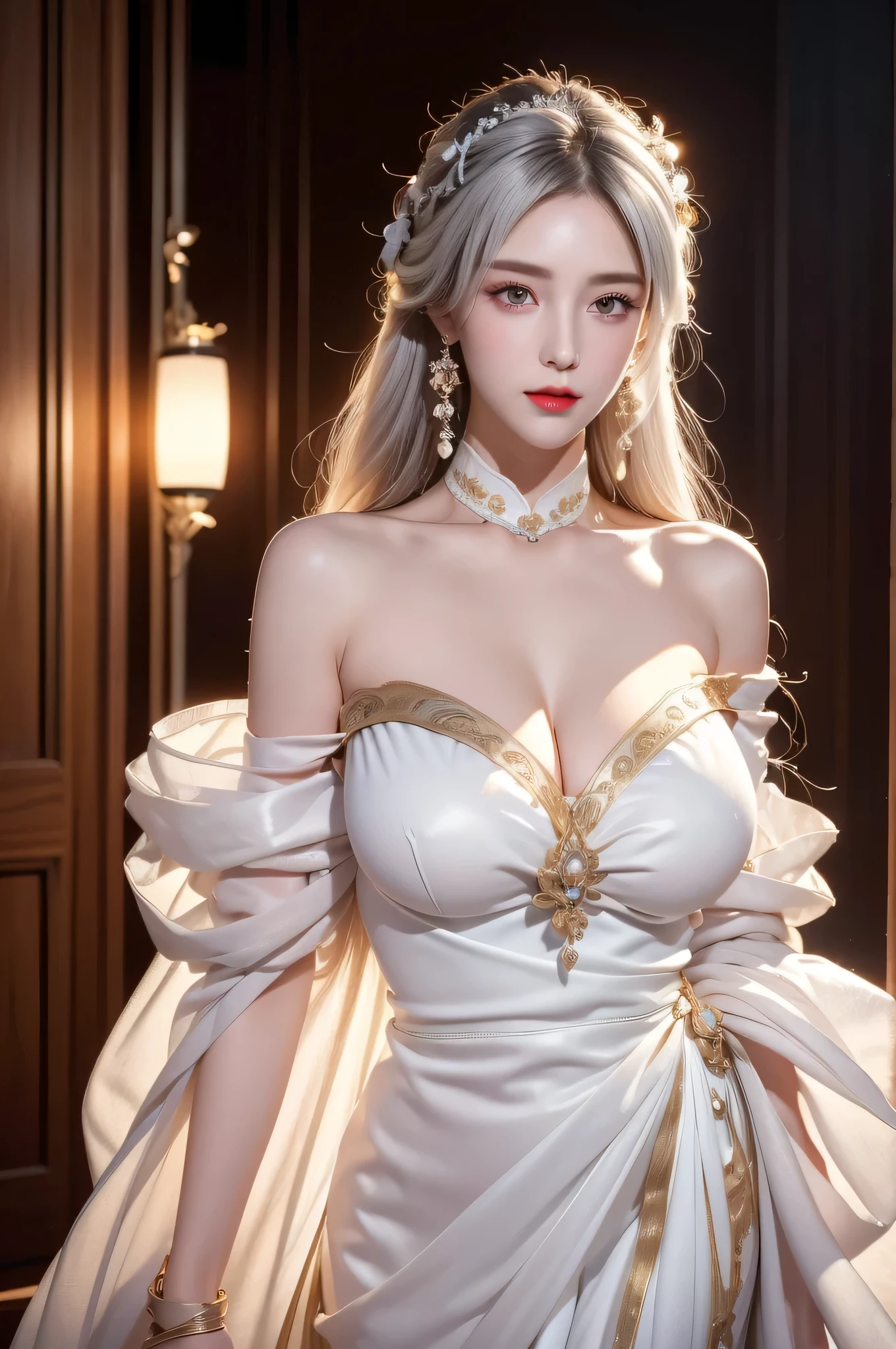 High-quality work,Realistic works,Super premium graphics,8K HD CG works,high quality graphics,High-definition and exquisite CG works,10x pixels,Ultra-fine details:1.1,Advanced technical details:1.1Realistic photo effects,Interior lighting effects:1.5,natural soft light:1.5. Light effect(Virtual light effects:1.8),ultra high resolution,shining dress,sliver long hair,silber hair,transparenthair,high detailed hair(Quality hair details:1.1)Clear eyes,Double eyelids look good,Sharp eye makeup, Create exquisite eyelash makeup, tthin eyebrows, Ultra-detailed eyes,a tall nose, lovely red lips, rosey cheeks, With delicate makeup on her face , pretty face, The face shape is perfectly proportioned,(Advanced facial details:1.1)delicated best quality ,masterpiece, illustration, an extremely delicate and beautiful, extremely detailed ,CG ,unity ,8k wallpaper, Amazing, finely detail, masterpiece,best quality,official art,extremely detailed CG unity 8k wallpaper, absurdres, incredibly absurdres, huge filesize , ultra-detailed, highres, extremely detailed,beautiful detailed girl, extremely detailed eyes and face, beautiful detailed eyes,light on face,1girl, (Nahida/genshin impact), (Super realistic), (((white hair))), (ponytail tied high to one side), (green eyes), (Detailed description of the eye), ((hair jewelry)), (((describe the arm in detail))), ((charming lingerie)), (((Super boobs))), (saggy breasts), ((giant breasts)), ((milk cow's udder), ((Big ass)), ((thighs)), ((Plump body)), (Big breasts), ((Plump boobs)),, (detailed description of hair), jewelry, (gem earrings), ((upper body)), (Bare shoulder), ((collarbone)), ((off shoulder)), (Shiny skin), (Detailed description of eyes), (detailed description of face), (detailed description of body), (white and translucent skin), peerless beauty, (extreme beauty), (red lips), (shy ), ( smile), (facing the viewer), ((facing)), (((cherry bloss,Women's artwork,Dress full body video,Realism,Amazing Cleavage,My eyes are very bright today