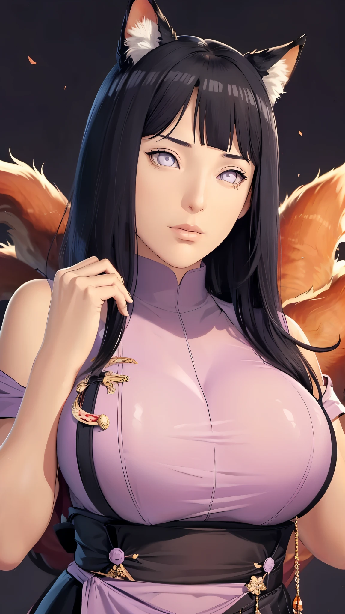 （（（完美figure，figure，（（（solo,White skin，kurama,Pommeled Horse, abdominal muscles, red eyes, animal ears, body hair, colored sclera, fox ears, fox girl, fox tail, hairy, hairy female, fox, multiple tails, muscular,  orange fur,  tail,  （（（hinata\(boruto\),purple hoodie,brown pants,black shirt, apron））），））），（（（hinata\(boruto\),,(((black long hair))), blue eyes,blunt bangs））），((masterpiece)),high resolution, ((Best quality at best))，masterpiece，quality，Best quality，（（（ Exquisite facial features，Looking at the audience,There is light in the eyes，(（（Pain, patience, biting lips））)，））），型figure:1.7））），（（（Light and shadow，Huge breasts））），（（（Looking at the camera，black background，）））