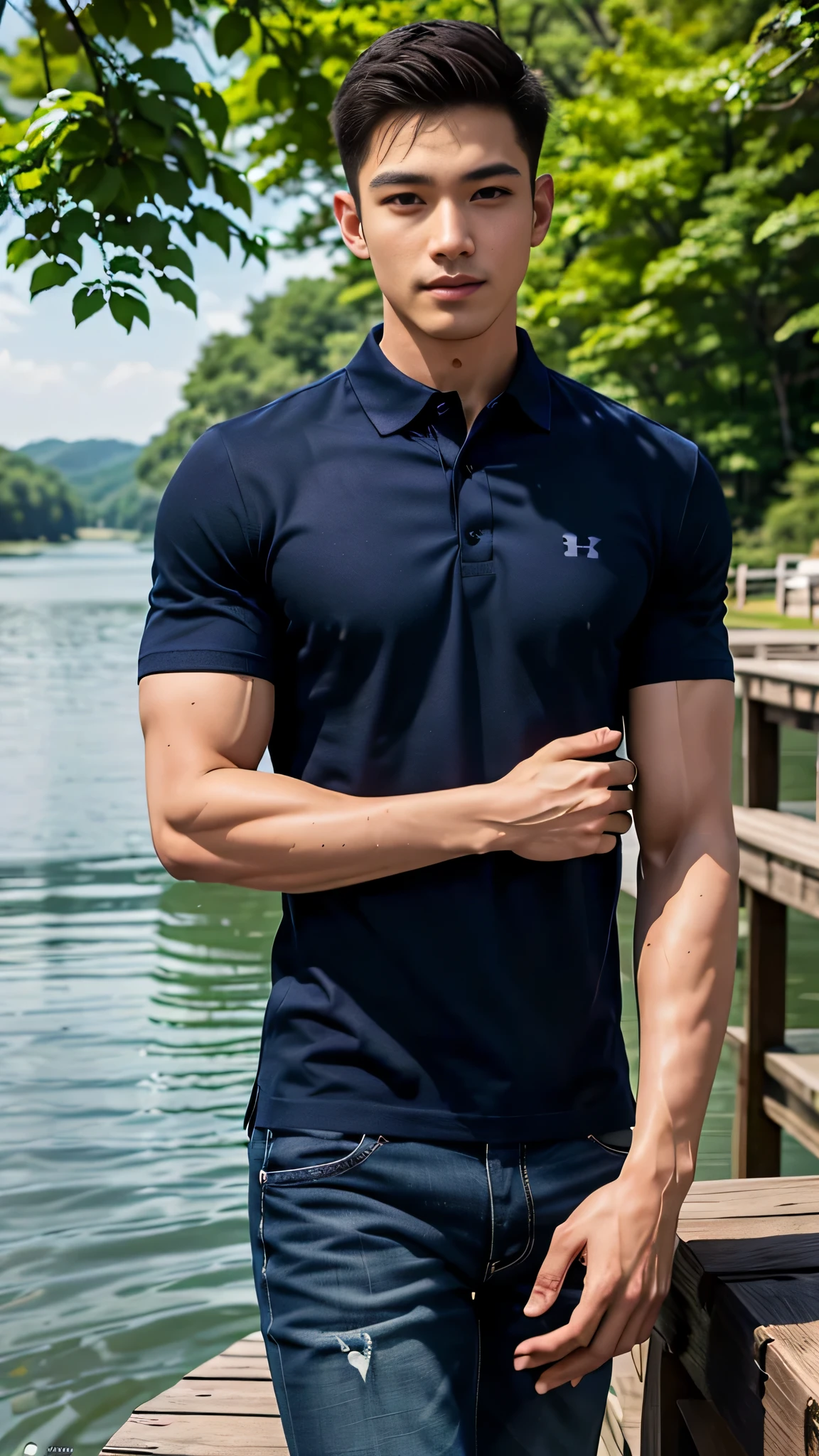 1 man, smile, (Wearing a military green polo shirt, round neck, short sleeve shirt ยี่ห้อ under armor), Jeans, Korean guy , korean men, (High gloss details), chest muscles, Big arm muscles, blood vessel, big muscles, Broad shoulders, looking at the audience, Balancing the eyes, (Make eye contact), White house without trees