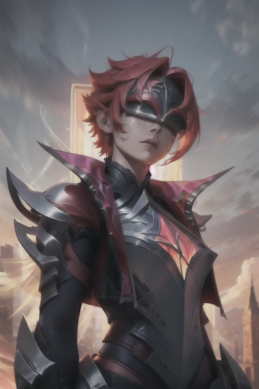 (masterpiece, best quality:1.2), intricate details, broken covenant riven, 1girl, covered eyes, jacket, armor, short hair, red hair, upper body