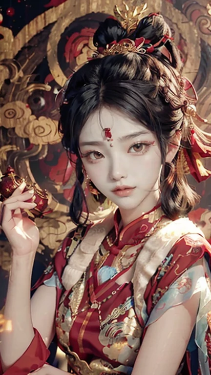 Chinese ancient style girl reborn from the ashes,beauty,Black hair and black eyes,Red,Exquisite makeup,Beautifully jeweled,Best quality,8K