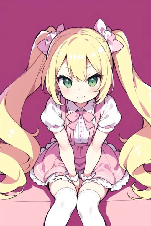 blond hair, green eyes, long hair, , twintails ,sassy ,cheey , mesugaki, pink clothes, pink bows, pink room, room, white stockings, 1 girl, cute, , flat chested, smile, bratty, blonde hair, twintails, long hair, cute, bratty, teasing look, dim lighting, sitting in desk chair, pink room, cute room, white chair, ta,Suspenders skirt