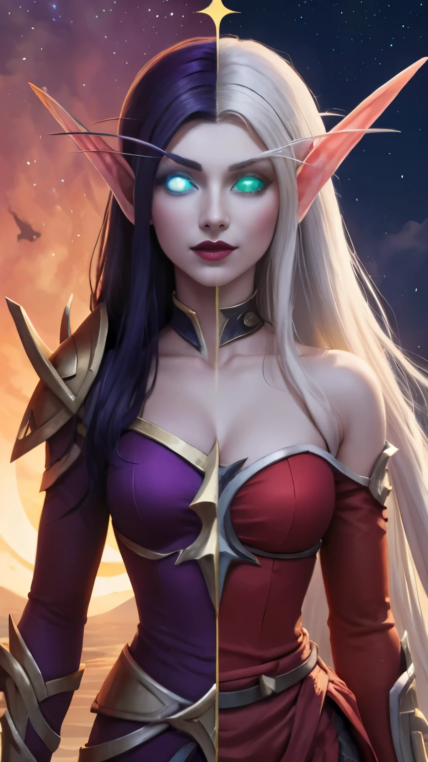 (Masterpiece, highly detailed, highly quality, highly resolutions), 2 Pointy Ears, 2 eyebrows, line between the middle, Split Colored Hair in the Middle, cut the screen in the Middle, cut the Sun and Moon in Half, Split Colored Lips in the Middle, ({{BREAK nightelf, SplitScreen, split screen, Left screen, Happy faces, glowing eyes, blue eyes, Purple Hair, colored skin, mature female, purple Dress, purple shoulder pad, purple lips, looking at viewer, night, Sleeve, Long eyebrows, Princess of the Moon, Moon Background, Half Moon center}}), vs, (BREAK bldelf, SplitScreen, splitscreen, Right Screen, Happy Faces, glowing eyes, Green eyes, Blonde hair, colored sclera, mature female, Red Dress, red shoulder pad, red lips, looking at viewer, day, Sleeves, long Eyebrows, Princess of the Sun, Sun Background, Half Sun center))
