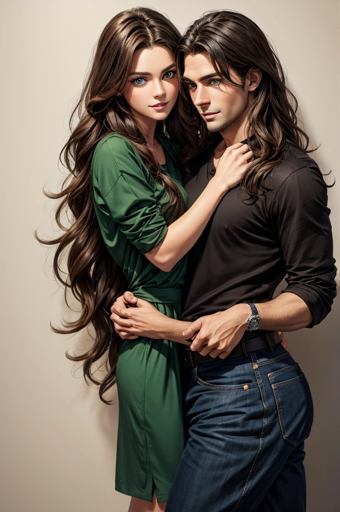 A tall handsome young man with long curly chocolate hair, blue eyes, he is dressed in a green shirt, the sleeves of which are rolled up to the elbow and classic black trousers, he hugs an incredibly beautiful young woman with wavy chocolate hair, she has green eyes, she is wearing a simple pink dress. Masterpiece, perfect image, realistic pictures, detailed face study, full-length image, 8k, detailed image. an extremely detailed illustration, a real masterpiece of the highest quality, with careful drawing.