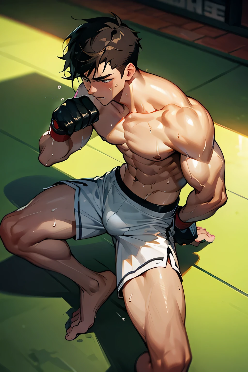 shirtless handsome manly short black hair caucasian male mma fighter, mma gloves, white mma shorts, barefoot, sweat-drenched, soaking wet, drenched with sweat, sweating profusely, soaking wet with sweat, panting, exhausted, resting on the floor, in the gym