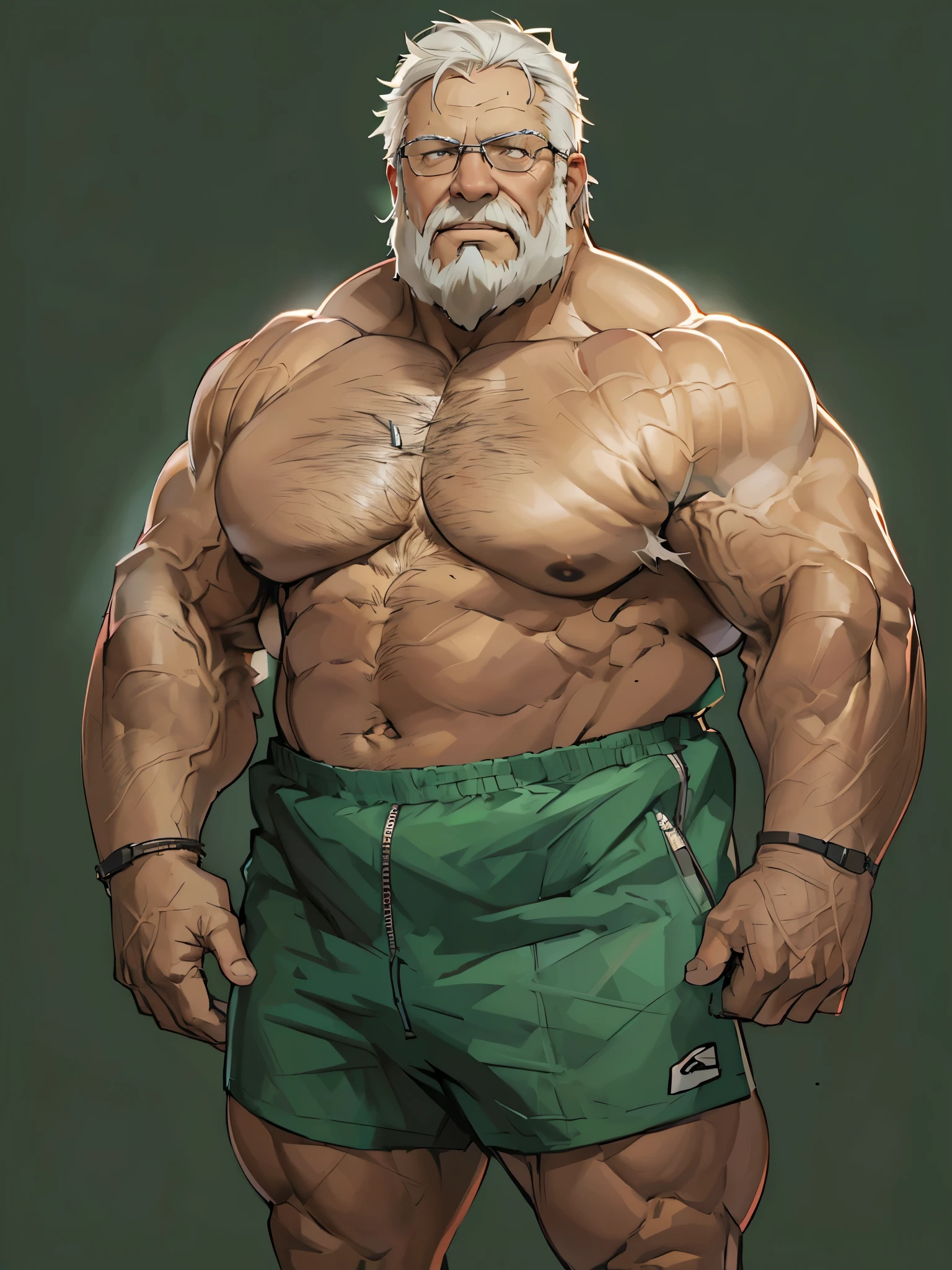 (best quality,4k,8k,highres,masterpiece:1.2),ultra-detailed,(realistic,photorealistic,photo-realistic:1.37),((massive muscular)) ((huge Muscular)) chubby old man standing in photo studio, simple background, flexing pectoral muscle, shorts and shoes, white hair, super thick arms, super big pectoral, super wide pectoral, topless, shirtless