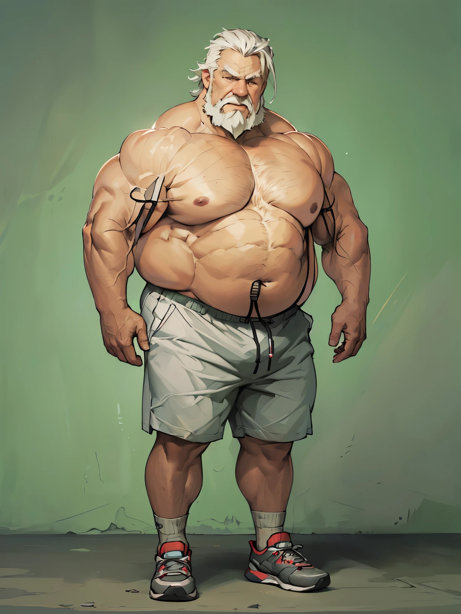 (best quality,4k,8k,highres,masterpiece:1.2),ultra-detailed,(realistic,photorealistic,photo-realistic:1.37),((massive muscular)) ((huge Muscular)) chubby old man standing in photo studio, simple background, flexing pectoral muscle, shorts and shoes, white hair, super thick arms, super big pectoral, super wide pectoral, topless, shirtless