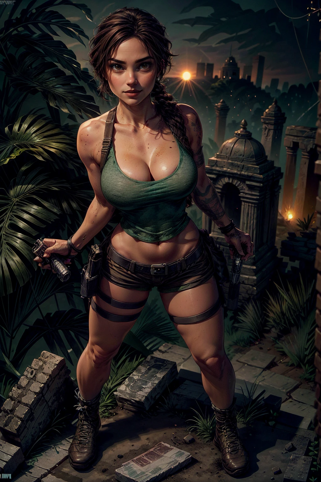  Tomb Raider epic scene Realistic masterpiece, vivid colors, 8k , HDR+ultra high quality image showing a beautiful and sexy Lara Croft , perfect fit body with huge natural breast popping in tight black cropped top , huge revealing neckline, she wear a small green kaki mini short and one holster gun strapped on her leg , perfect skin texture, shown to have a fairly slender figure. She has brown hair , she has long hair with a pony tail and large seductive green eyes, an old Aztec temple ruins far away in the background, in a epic Tomb Raider scene, ((full body shot viewed from above))standing in a natural and sexy pose , when the sky is full of bright colors, reflecting the light of the shinny sun on her perfect skin. Amazing mayans ruins scene in the background, The gorgeous sunset adds a magical atmosphere to the photo, and highlights the beauty of the moment  . The seductive expression on the girl's face and her playful contemplate at the viewer add an element of hotness and erotic tension to the picture. While the splendor of the  landscape in the style of a tomb raider epic scene reflect the girl's exploration and adventurous spirit., huge cleavage exposed, big breasts, superior quality, many details, Puri focus Sharp and realistic , black cropped top and a small mini green short , perfect hands, detailed hands, perfect eyes, detailed eyes, realistic, HDR, UHD, dynamic