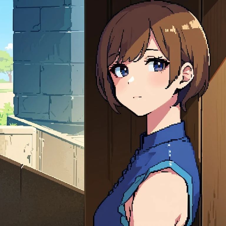 Pixel art brown short haired girl, blue dress with sunlight hitting the side of her face