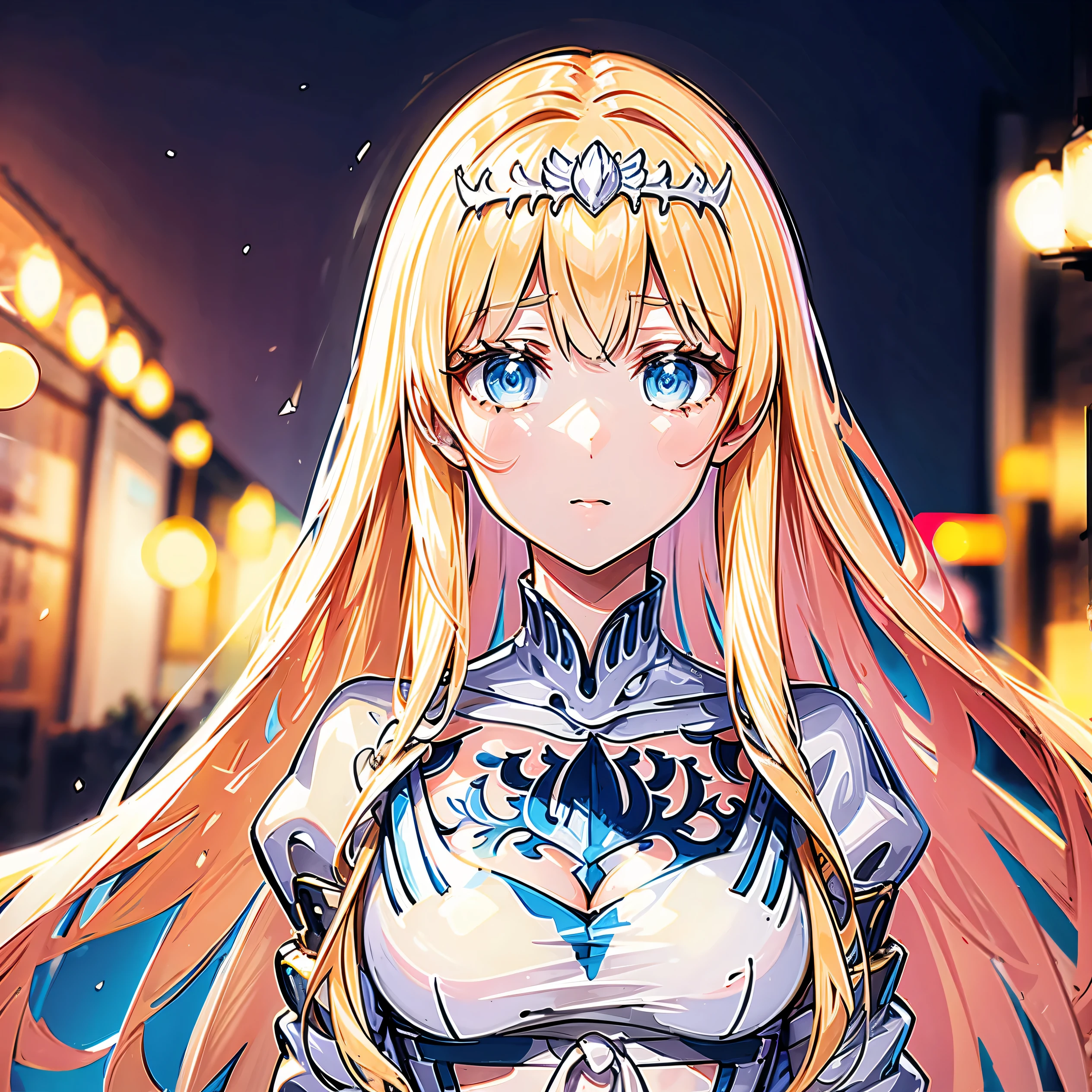 8k, best quality, (lifelike:1.4), original photo,, , posture: , eyes glowing with otherworldly light, 1girl,solo, Calca, Calca Bessarez, blonde hair, extremely long hair, very long hair, white tiara, silver tiara, white dress, blue eyes, medium chest