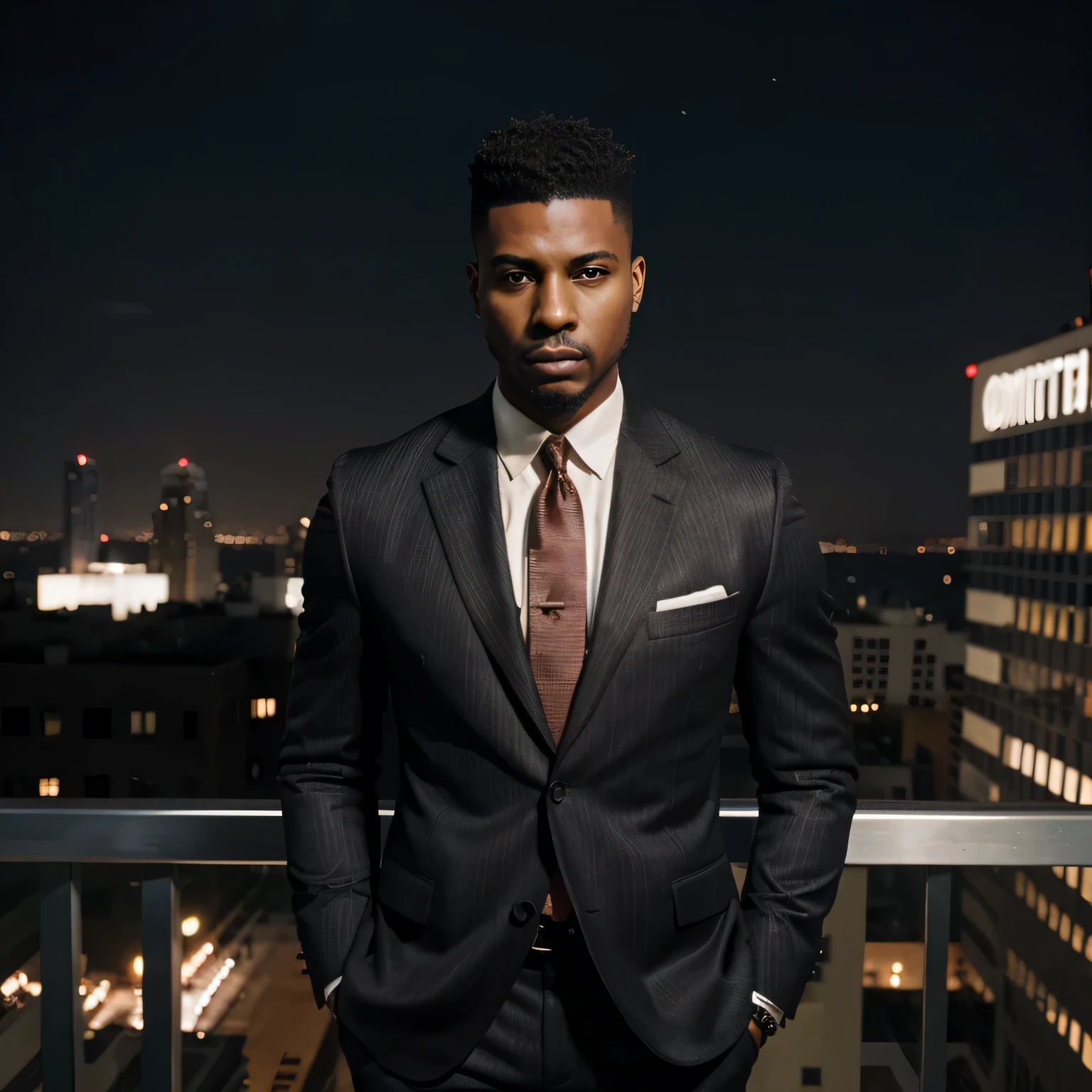 20’s, Handsome, Adult Male, African American, Dark Skinned, Mafia Boss, Office, Suit, Facial Hair, High Top Fade, Office, Serious Look, Detailed, Late Night, View of City,
