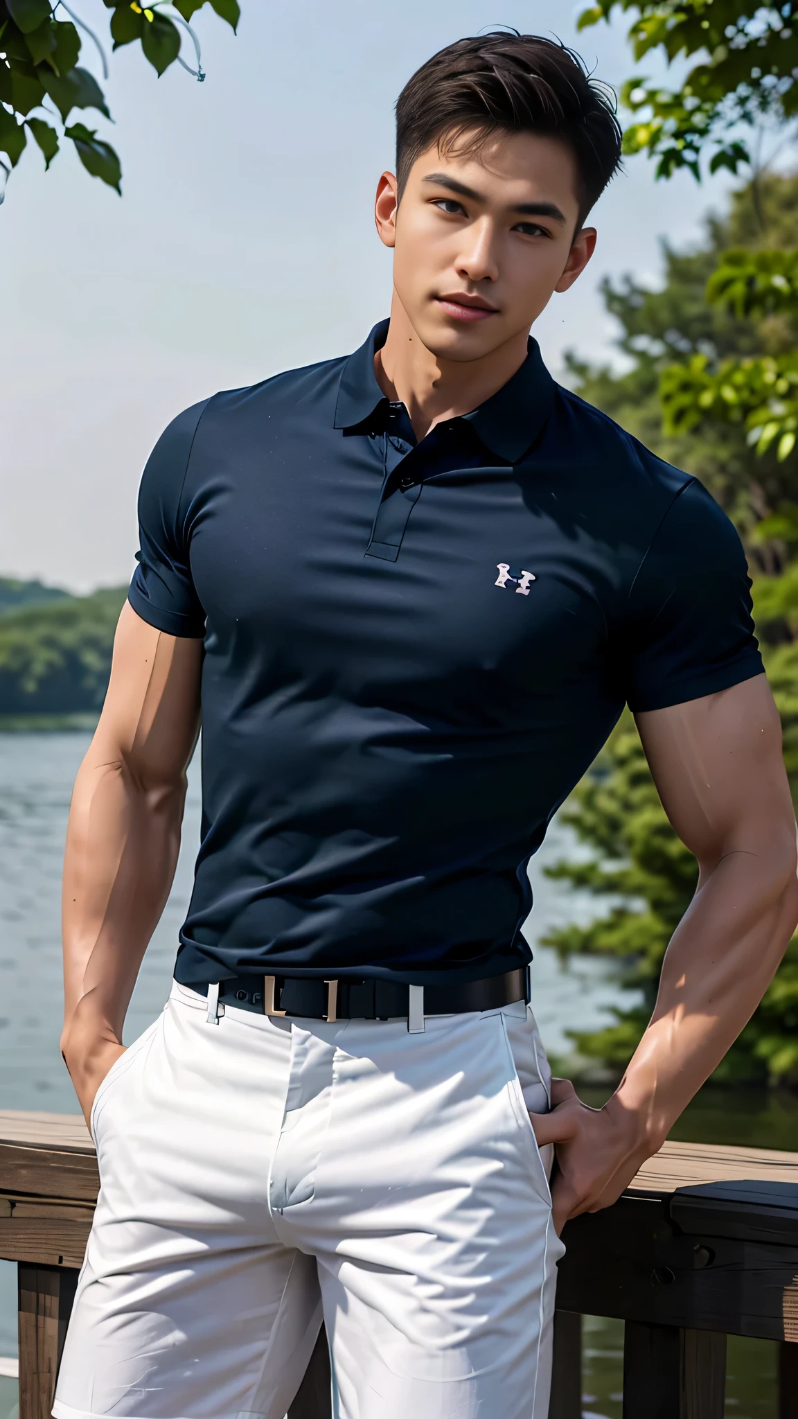 1 man, smile, (Wearing a military green polo shirt, round neck, short sleeve shirt ยี่ห้อ under armor), Jeans, Korean guy , korean men, (High gloss details), chest muscles, Big arm muscles, blood vessel, big muscles, Broad shoulders, looking at the audience, Balancing the eyes, (Make eye contact), White house without trees