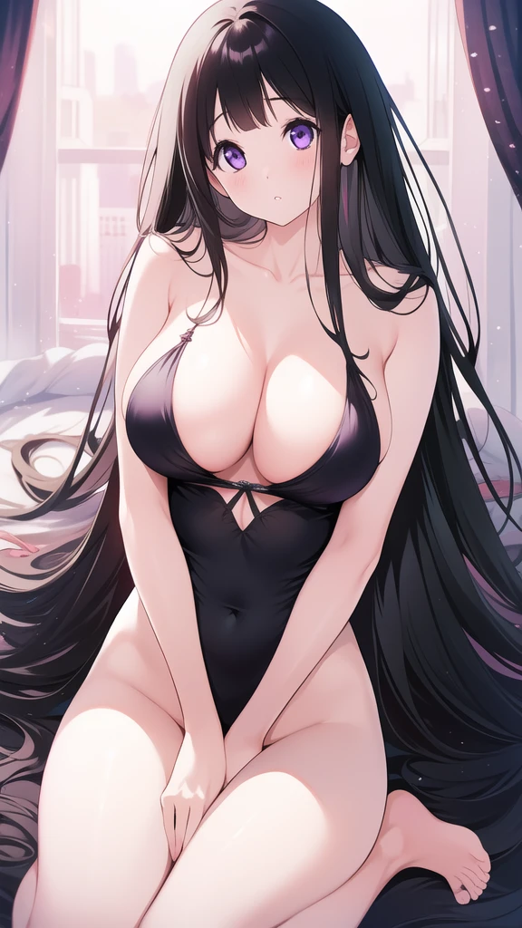 Stunning Chitanda, 只有一个beautiful girl,Purple Eyes, Black Hair, Naturally straight hair, Straight bangs,Extremely refined,open your lips,Face is so red,Very white skin,big eyes,Flowing long hair,beautiful girl, Like a dream,Slim,Soft, (Sensual), (Kawaii), Dream quality,naked,Large Breasts,,Thigh clamping,Spilled liquid,cat juice,Fluid on the thighs,No pants,Clavicle exposed,naked露的脖子,naked露大腿,Exposing the groin,Camel toe,naked露的双腿,barefoot,extremely shy,Ultra-high resolution, (masterpiece:1.2, best quality), (Delicate and beautiful eyes: 1.2), (Beautiful and delicate face)