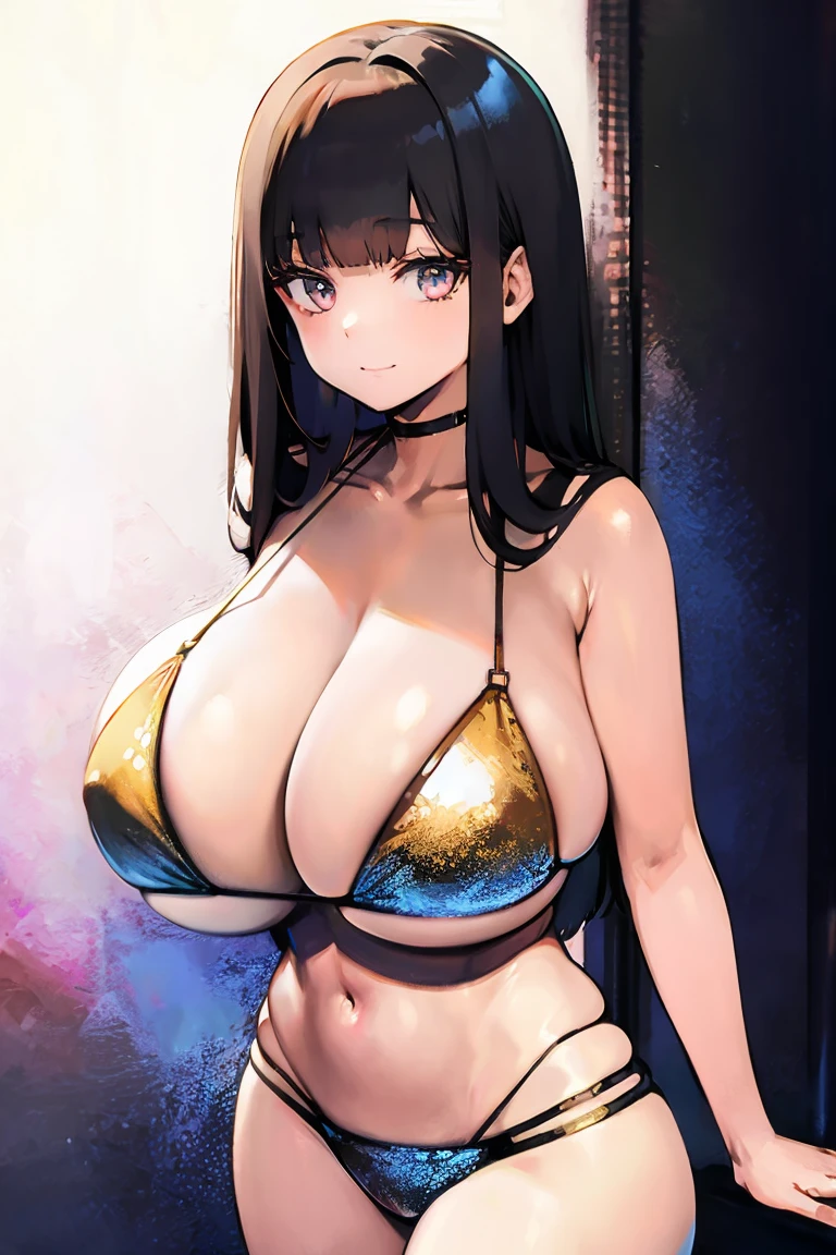 (high resolution, Best Quality:1.2), Japanese women, 42 years old, Married women, Mature woman, Black-haired, long hair, Beautiful Eyes, An outstanding smile, Very beautiful face, (Huge breasts:1.5), Thick waist, Voluptuous body, (Metallic Bikini:1.6), She is standing, Looking straight, Arms behind back、