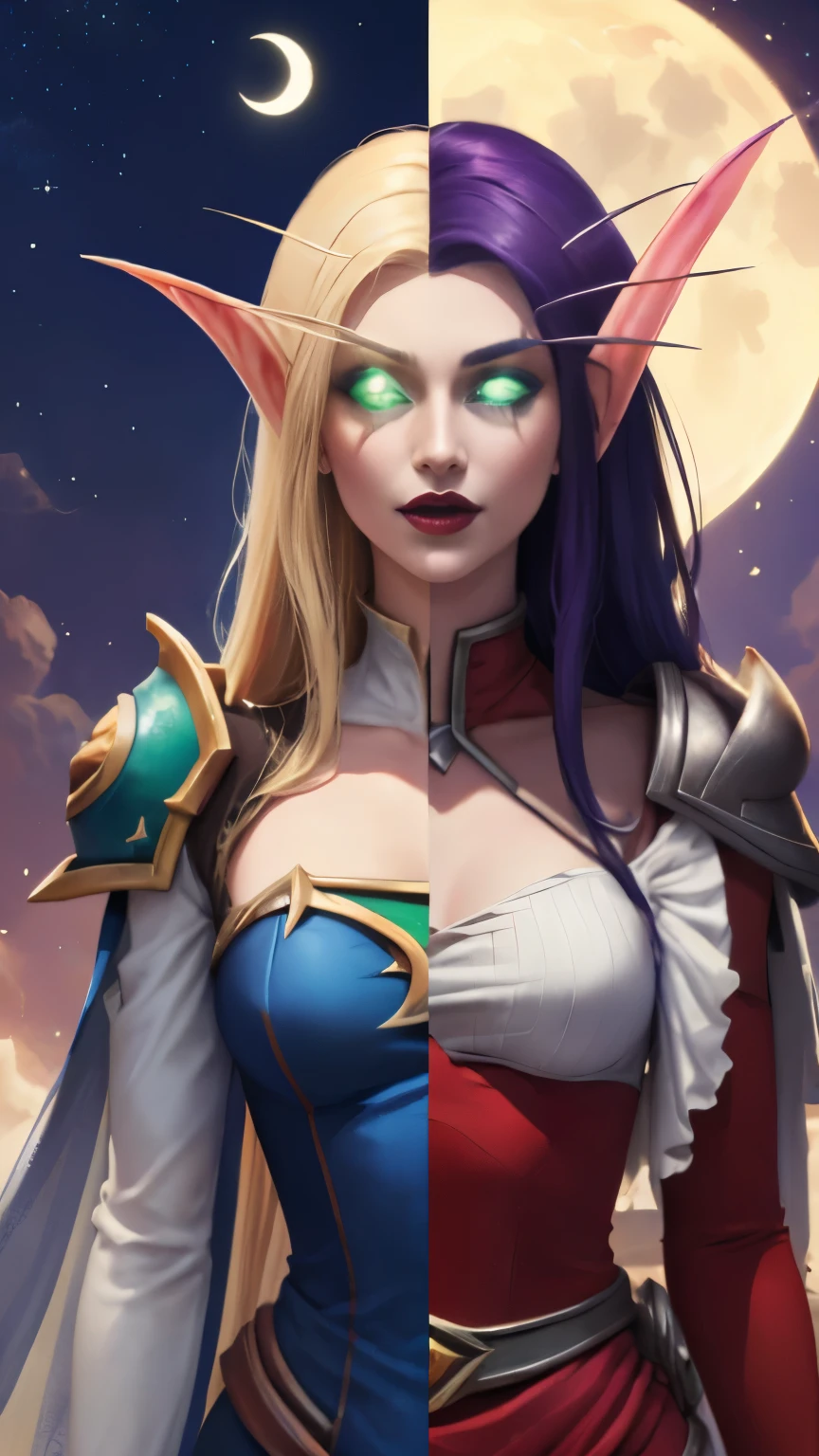 (Masterpiece, highly detailed, highly quality, highly resolutions), 2 Pointy Ears, 2 eyebrows, line between the middle, Split Colored Hair in the Middle, cut the screen in the Middle, cut the Sun and Moon in Half, Split Colored Lips in the Middle, ({{BREAK nightelf, SplitScreen, split screen, Left screen, Happy faces, glowing eyes, blue eyes, Purple Hair, colored skin, mature female, purple Dress, purple shoulder pad, purple lips, looking at viewer, night, Sleeve, Long eyebrows, Princess of the Moon, Moon Background, Half Moon center}}), vs, (BREAK bldelf, SplitScreen, splitscreen, Right Screen, Happy Faces, glowing eyes, Green eyes, Blonde hair, colored sclera, mature female, Red Dress, red shoulder pad, red lips, looking at viewer, day, Sleeves, long Eyebrows, Princess of the Sun, Sun Background, Half Sun center))