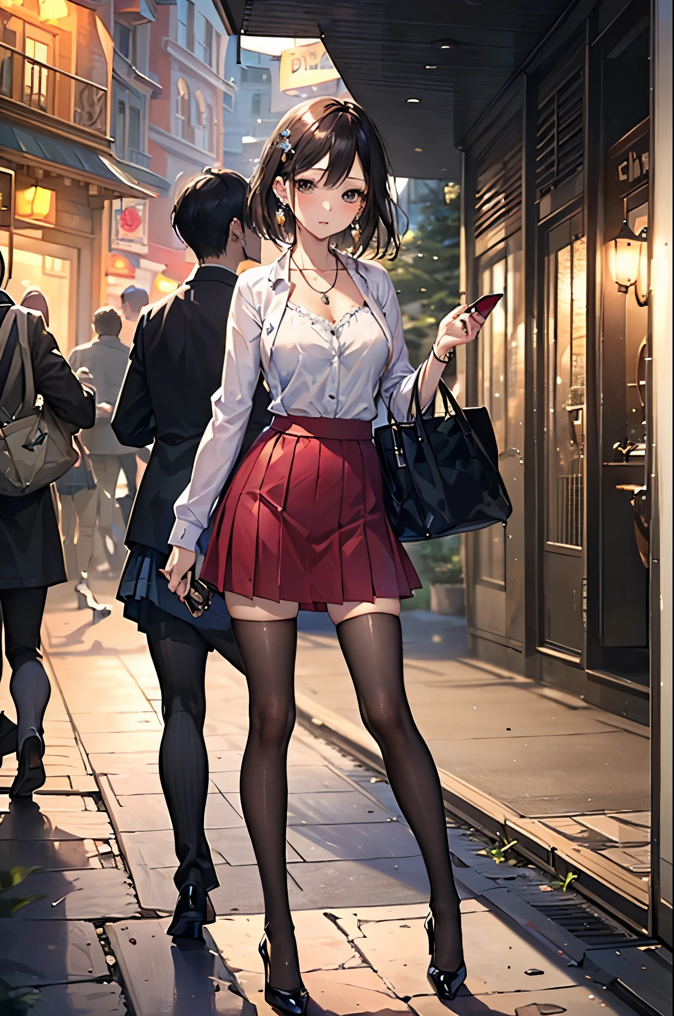 ((Biologically correct number of limbs))、(( Photo with face included))、4K、((Standing posture))、Masterpiece、((focus on the face))、((Symmetrical facial features))、Eyes with detailed description、Beautiful woman、Outstanding style、Beautiful clavicle、Beautiful legs、Beautiful Hands、Slender Body、(stockings、High heels）、Detailed depiction of faces、Small earrings、necklace、(Jacket、shirt、skirt)、profile、tie、Holiday theme park、(((Baili)))、Droopy eyes、Photographed from diagonally in front、(((Pencil Illustration)))、Holding a mobile phone in one hand、