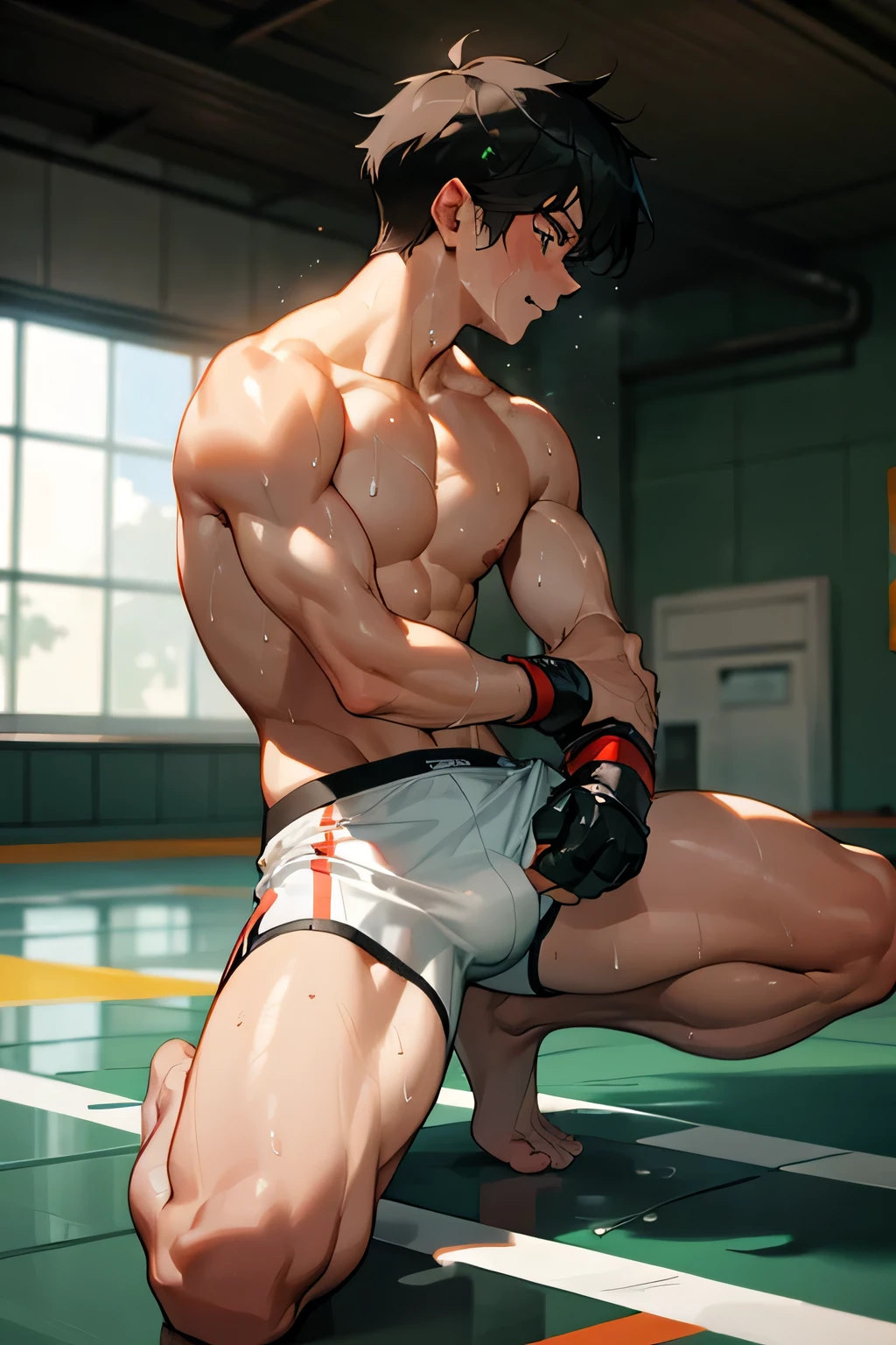 shirtless handsome manly short black hair caucasian male mma fighter, mma gloves, white mma shorts, barefoot, sweat-drenched, soaking wet, drenched with sweat, sweating profusely, soaking wet with sweat, panting, exhausted, in the gym