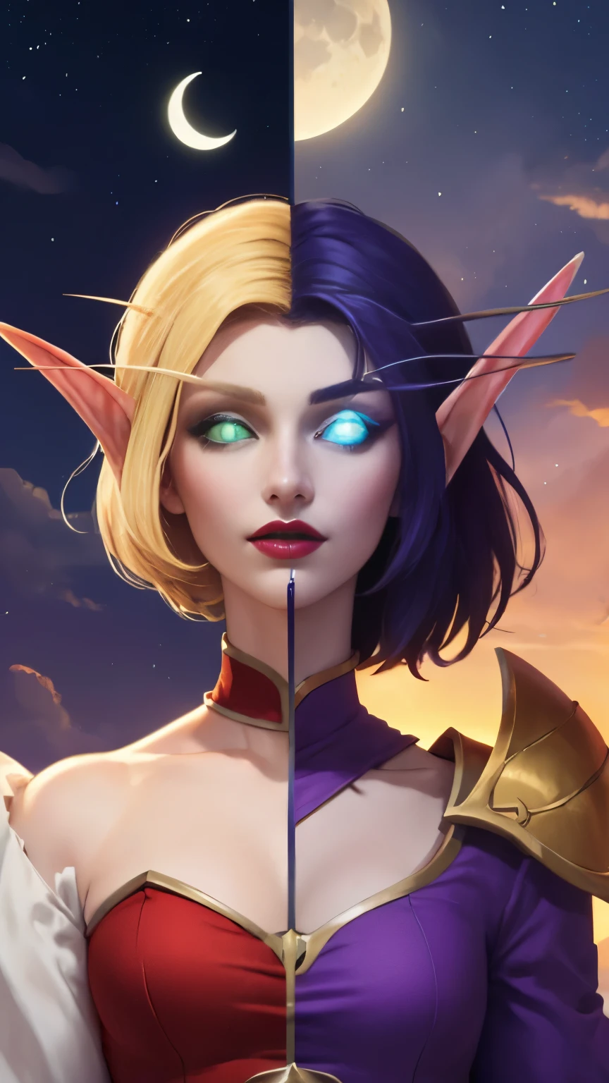 (Masterpiece, highly detailed, highly quality,  highly resolutions), 2 Pointy Ears, 2 eyebrows, line between the middle, Split Colored Hair in the Middle, cut the screen in the Middle, cut the Sun and Moon in Half, Split Colored Lips in the Middle, ({{BREAK nightelf, SplitScreen, split screen, Left screen, Happy faces, glowing eyes, blue eyes, Purple Hair, colored skin, mature female, purple Dress, purple shoulder pad, purple lips, looking at viewer, night, Sleeve, Long eyebrows, Princess of the Moon, Moon Background, Half Moon center}}), vs, (BREAK bldelf, SplitScreen, splitscreen, Right Screen, Happy Faces, glowing eyes, Green eyes, Blonde hair, colored sclera, mature female, Red Dress, red shoulder pad, red lips, looking at viewer, day, Sleeves, long Eyebrows, Princess of the Sun, Sun Background, Half Sun center))