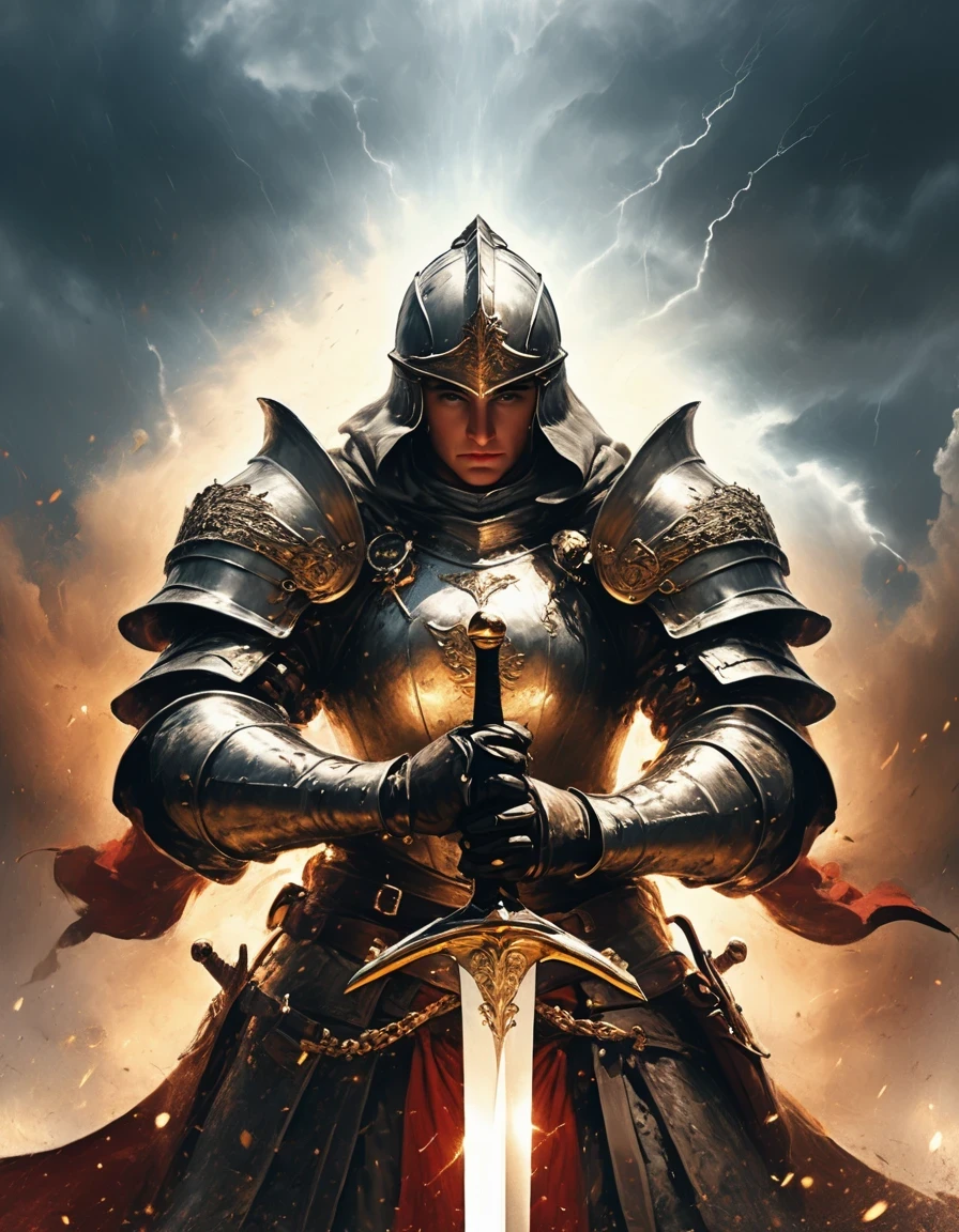 (a close-up,high quality,32k),[sword],[knight],[armor],[detail:1.2],(gold),(steel),(sharp),(shiny),(ornate),(intricate),[helmet],(leather gloves),[focused],[determined],[heroic],[stern expression],(medieval),(fantasy),(commanding pose),[elaborate background],(dramatic lighting),(stormy atmosphere),(storm clouds),(majestic),(powerful),(intense),(imposing),(gazing into the distance)