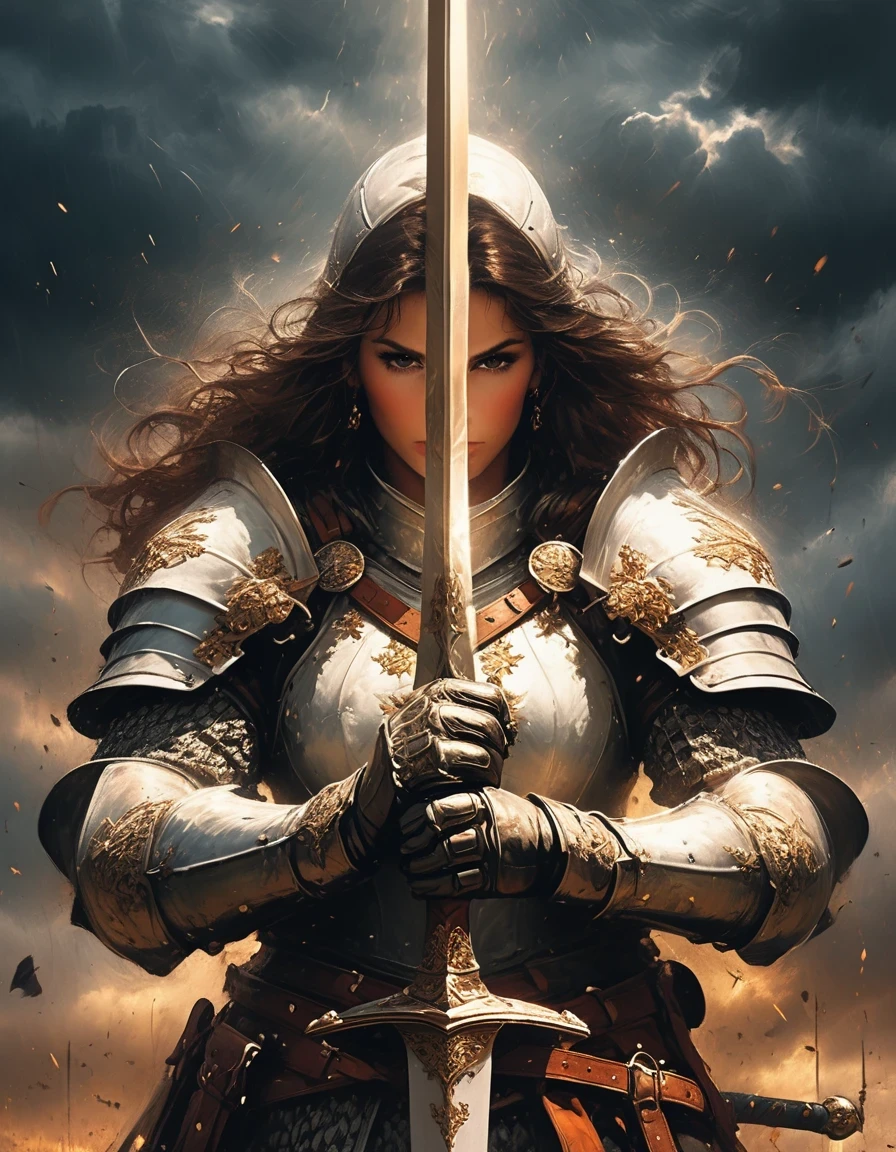 (a close-up,high quality,32k),[sword],[knight],[armor],[detail:1.2],(gold),(steel),(sharp),(shiny),(ornate),(intricate),[helmet],(leather gloves),[focused],[determined],[heroic],[stern expression],(medieval),(fantasy),(commanding pose),[elaborate background],(dramatic lighting),(stormy atmosphere),(storm clouds),(majestic),(powerful),(intense),(imposing),(gazing into the distance)