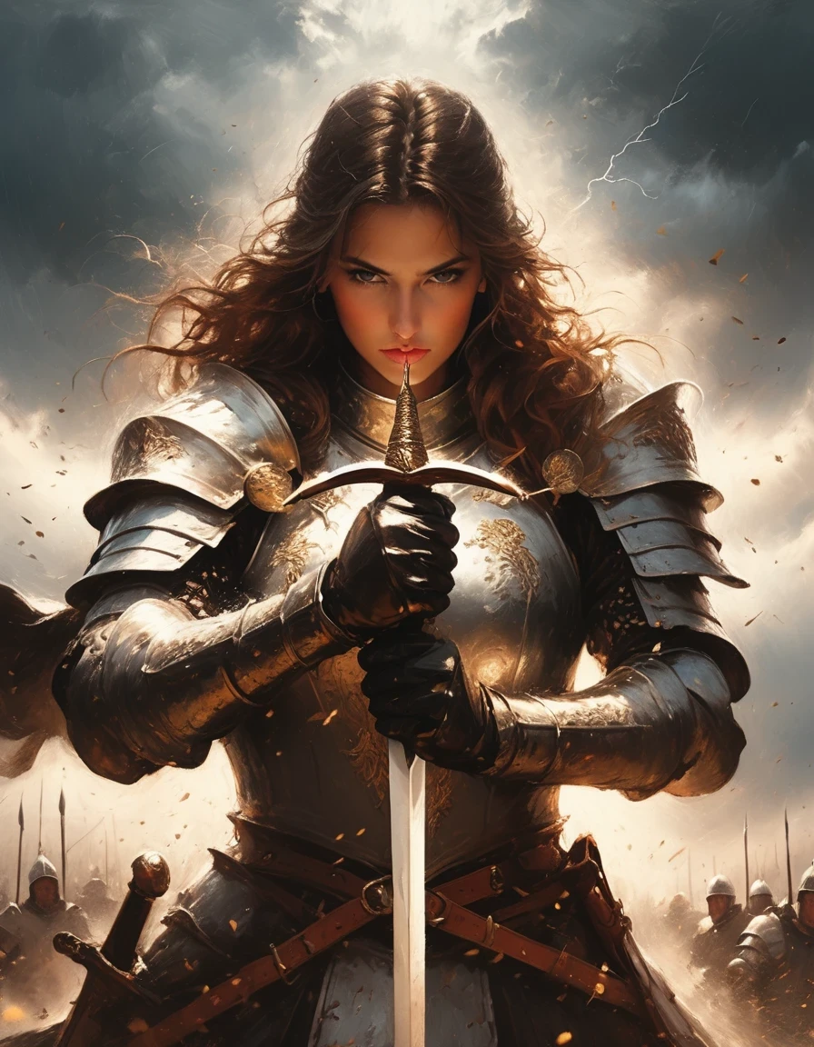 (a close-up,high quality,32k),[sword],[knight],[armor],[detail:1.2],(gold),(steel),(sharp),(shiny),(ornate),(intricate),[helmet],(leather gloves),[focused],[determined],[heroic],[stern expression],(medieval),(fantasy),(commanding pose),[elaborate background],(dramatic lighting),(stormy atmosphere),(storm clouds),(majestic),(powerful),(intense),(imposing),(gazing into the distance)