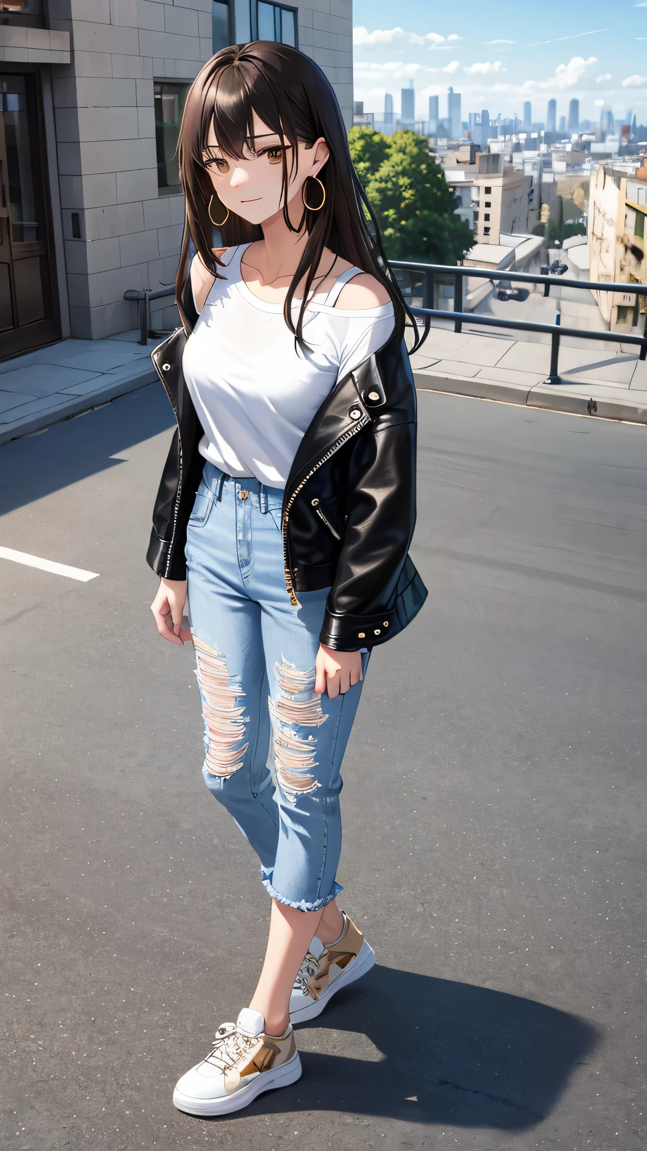 Very detailed, high quality, masterpiece, 1 female, upright, (Casual wear: 1.1), (Split), White T-shirt, Blue Jeans, Sneakers, Black leather jacket draped over shoulders, (accessories: 1.2), Gold Hoop Earrings, Brown leather watch, Natural Makeup, A faint smile, Fold your arms in front of her, (City view: 0.9), Buildings and people in the background, Outdoor, sunny.