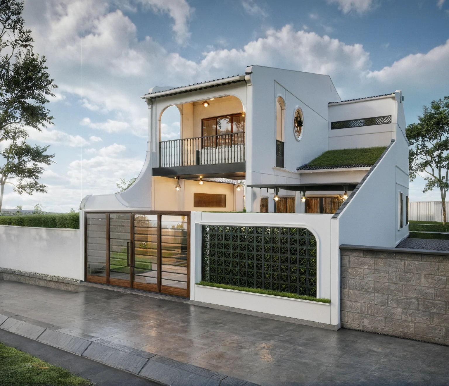 exterior house, contemporary style, white wall, wood wall, wood door, glass window, (realistic:1.2), Masterpiece, high quality, best quality, authentic, super detail, outdoors,road,pavement, grass, trees, sky, cloud, (daylight:1.1)
