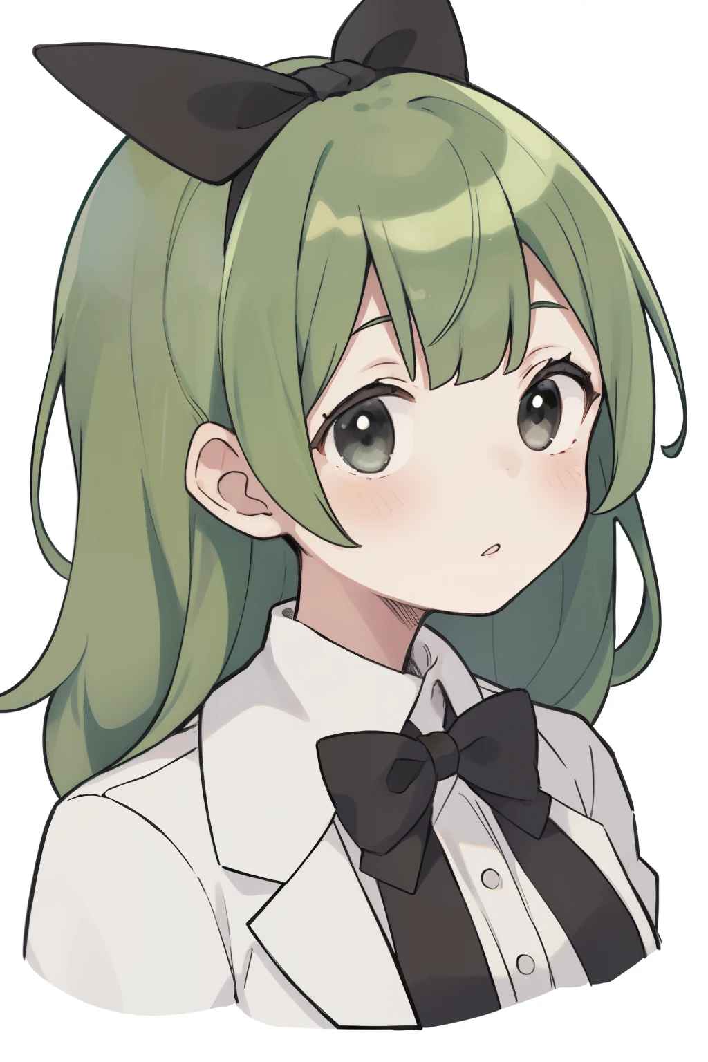 Young woman, Green hair, square, black eyes, white bow on head, brown clothes, Simple background
