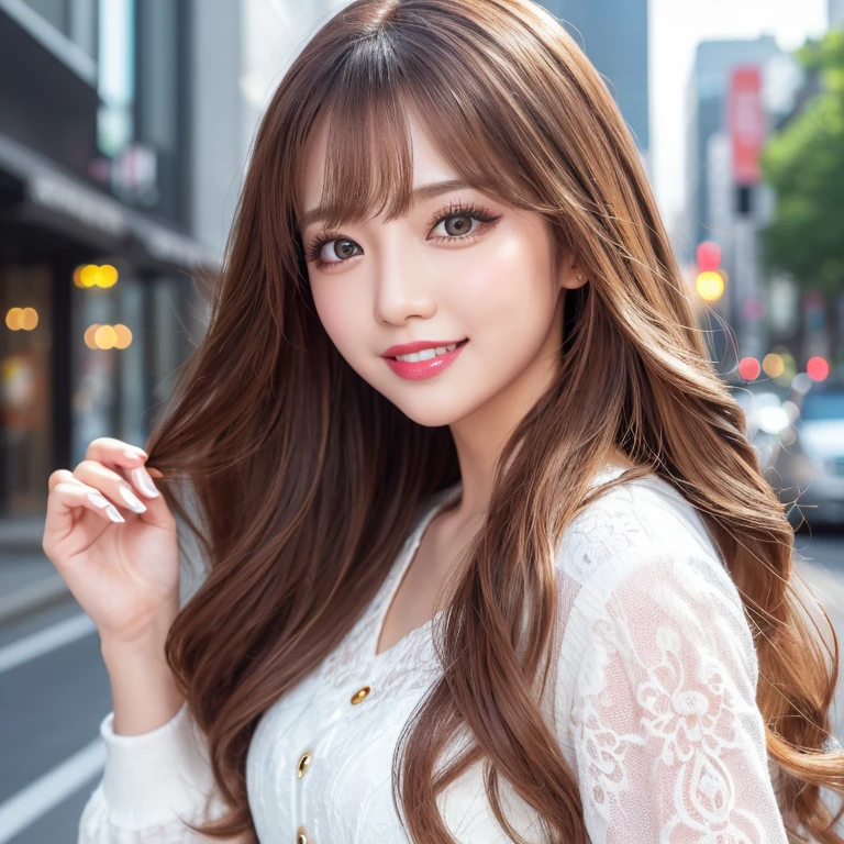 ((highest quality, Tabletop, Ultra-high resolution、The most complex and detailed depiction))、(Very bright lighting:1.1)、(Spring-like clothes)、(Beautiful woman:1.1)、(Long Wavy Hair:1.05), (Accurate anatomy:1.1)、Color Contact Lenses、Perfect Makeup、、lipstick、Highly saturated eyeshadow、Cute one-piece figure、blurred background, look at me and smile、outside、City Background(Face close-up:1.1)、(Ultra-high resolution光沢, Fair skin:1.1)、Ultra-high resolutionの顔、Ultra-high resolutionの髪、Ultra-high resolution sparkling eyes、Ultra-high resolution glossy lips、(very brightly illuminated white skin:1.1)、Beautiful face drawn in every detail、Ultra-high resolution perfect beautiful teeth、(very bright and vivid:1.1)