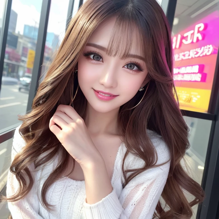 ((highest quality, Tabletop, Ultra-high resolution、The most complex and detailed depiction))、(Very bright lighting:1.1)、(Spring-like clothes)、(Beautiful woman:1.1)、(Long Wavy Hair:1.05), (Accurate anatomy:1.1)、Color Contact Lenses、Perfect Makeup、、lipstick、Highly saturated eyeshadow、Cute one-piece figure、blurred background, look at me and smile、outside、City Background(Face close-up:1.1)、(Ultra-high resolution光沢, Fair skin:1.1)、Ultra-high resolutionの顔、Ultra-high resolutionの髪、Ultra-high resolution sparkling eyes、Ultra-high resolution glossy lips、(very brightly illuminated white skin:1.1)、Beautiful face drawn in every detail、Ultra-high resolution perfect beautiful teeth、(very bright and vivid:1.1)