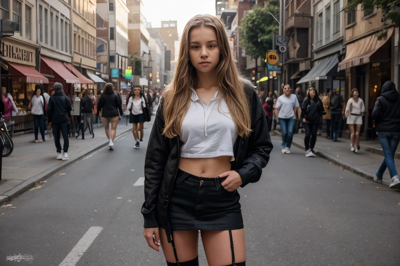 summer, city street, vivid afternoon light, crowd, long hair, blonde hair, 1girl, 18 years old, full body, sneakers, wearing hoodie, open hoodie, garters, miniskirt, beautiful face, crowded street, 16k, photorealistic, real photo, nikon d800