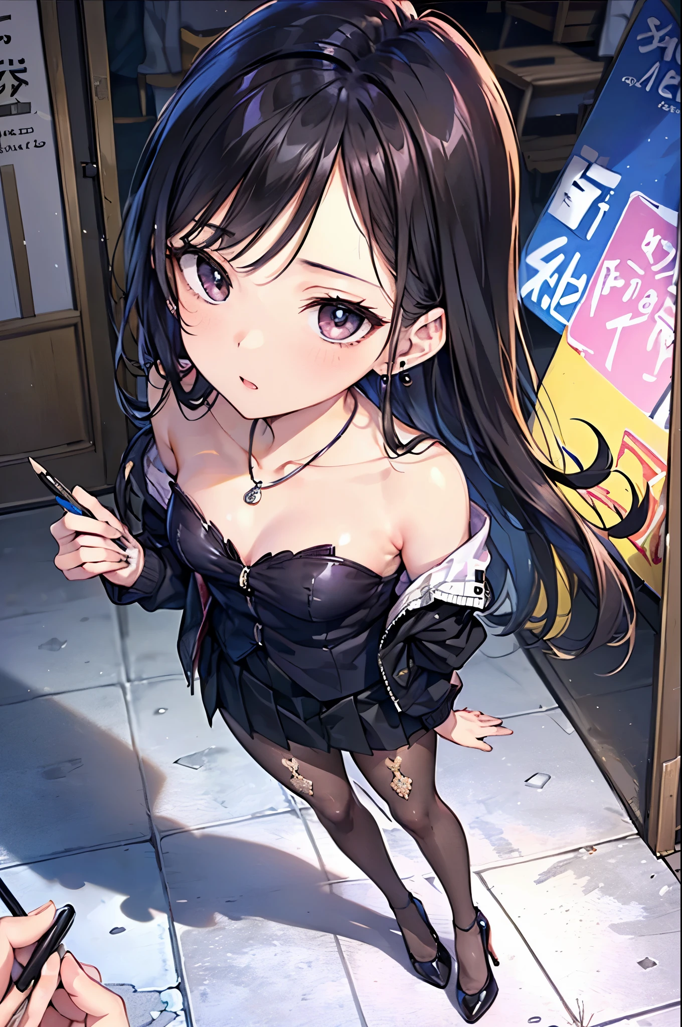 ((Biologically correct number of limbs))、(( Photo with face included))、4K、((Standing posture))、Masterpiece、((focus on the face))、((Symmetrical facial features))、Eyes with detailed description、Beautiful woman、Outstanding style、Beautiful clavicle、Beautiful legs、Beautiful Hands、Slender Body、(stockings、High heels)、Detailed depiction of faces、Small earrings、necklace、(Jacket、shirt、skirt)、profile、tie、Holiday theme park、(((Baili)))、Droopy eyes、Photographed from diagonally in front、(((Pencil Illustration)))、Holding a mobile phone in one hand、