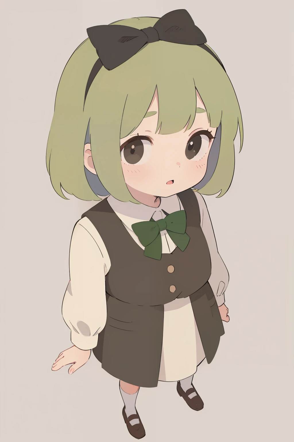 Young woman, Green hair, square, black eyes, white bow on head, brown clothes, Simple background, view from above.