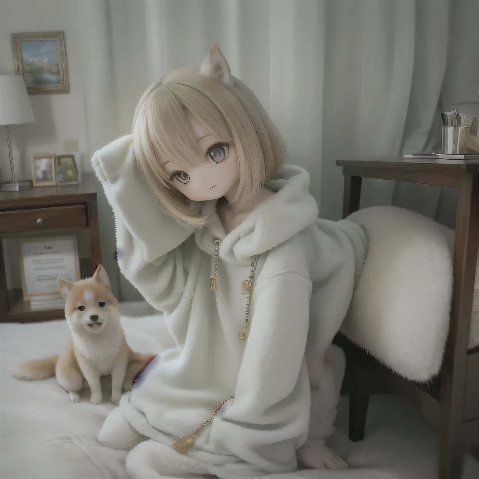 a girl standing next to a bed, a sleepy person waking up, a cute Shiba Inu dog, a cozy bedroom atmosphere, soft and warm lighting, a comfortable bed, a small alarm clock, fluffy pillows, a peaceful morning scene, the girl stretching her arms, the dog wagging its tail, the person yawning, the girl wearing pajamas, sunlight filtering through the curtains, a serene and relaxed mood, a quiet and peaceful environment, a colorful blanket, A gentle and soothing ambianceChibi, a female Shiba Inu, wakes up her master who is sleeping in bed