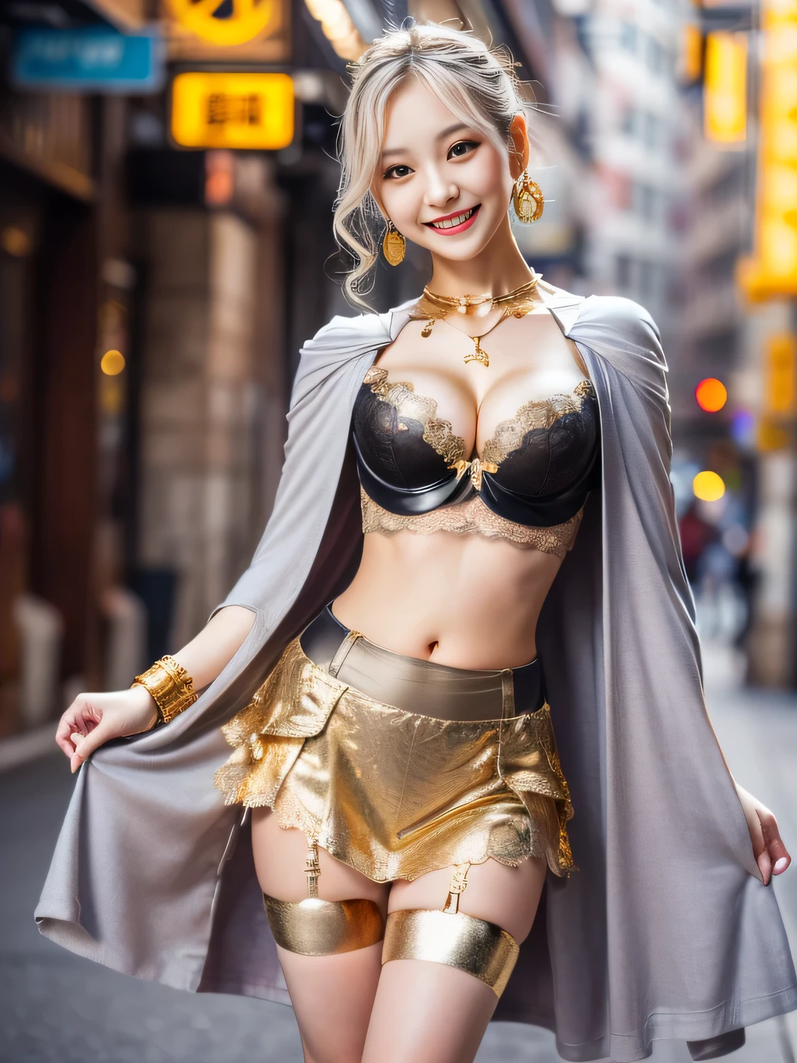 (best quality,ultra detailed,highres,HDR,8k,3D,realistic,photorealistic,super fine,cinematic natural light effects,official art,detailed background), ((very happy girl smile,young,Japanese,small face beauty):1.3), ((kawaii,round face,small face beauty):1.3), ((clothes reflecting light,elaborately designed clothes:1.3,super detailed skin):1.3), (dynamic pose:1.3), (Large eyes with good balance between both eyes:1.5), (White hair,pink streaked hair,perm hair:1.1), (Dip dye hair:1.1), (large breasts:1.3), (wide hips:1.3), ((Girdle: 1.3), (Short cloak with gold decorations: 1.2), (Lace here and there), (Cleavage), (Big breasts), (Large pelvis), (Unique bracelet), (Earrings):1.3)blonde hair