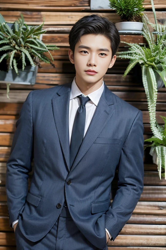 arafed man in a Set and tie standing in front of a wall, Inspired by Zhang Han, jinyoung shin, cai xukun, wearing business Set, Who is Shi Yu?, official photo, Set , Perfect face, Junyi, he is wearing a Set, wearing Set, handsome and attractive, Hentai, in a Set, dressed in a Set, fan art