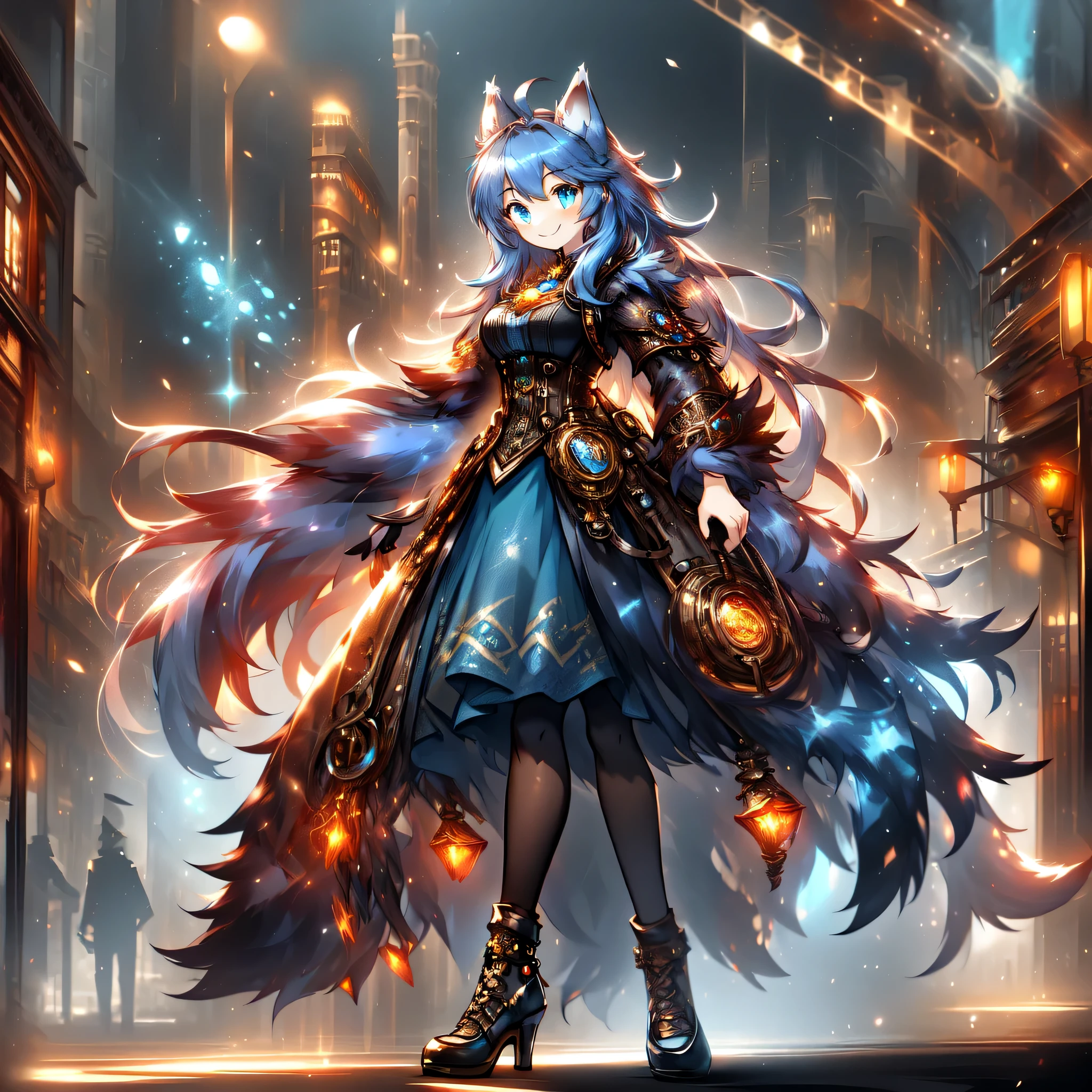 woman, hairy woman, wolf woman, full body portrait, full fur, magic fur, full tail, big tail, magic tail, magic hair, long hair, bushy hair, hair, hair with a brooch (gear shaped brooch ), almond-shaped eyes, blue eyes, shy smile, charming face, red cheek, long dress (dark blue color in steampunk style), worn tights, black tights, heeled shoe, steampunk shoe, background with steampunk city (a woman wolf this walk in the city), lots of people in the street