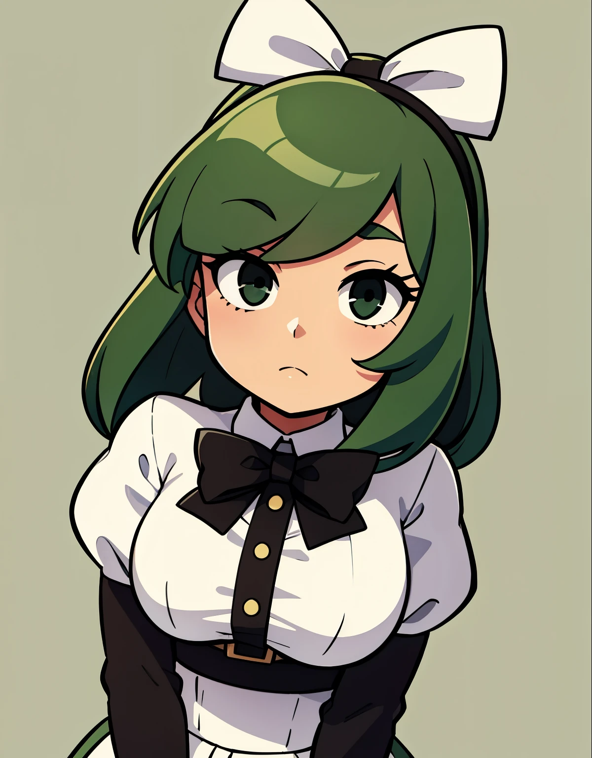 Young woman, Green hair, square, black eyes, white bow on head, brown clothes, Simple background, view from above.
