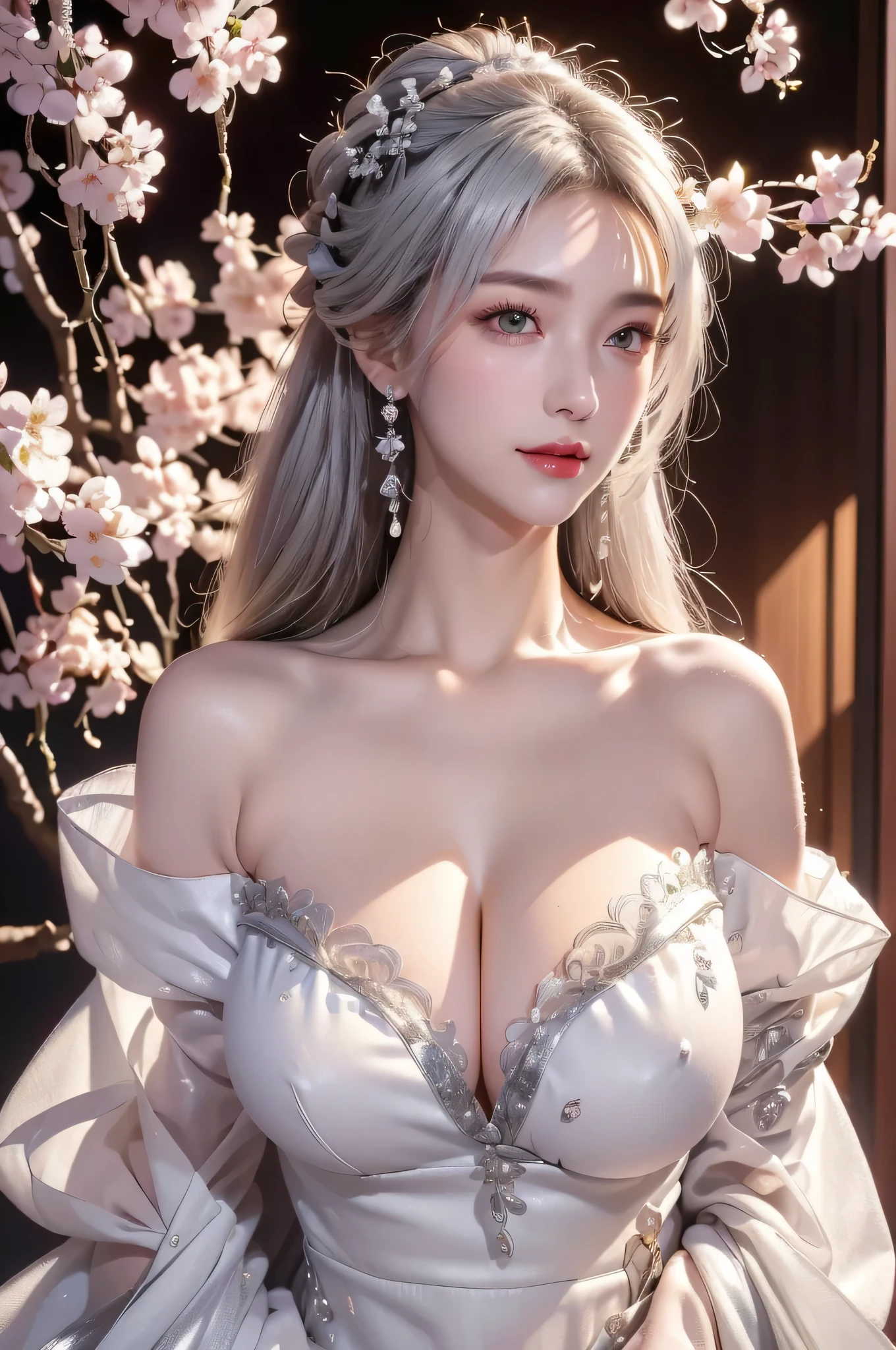 delicated best quality ,masterpiece, illustration, an extremely delicate and beautiful, extremely detailed ,CG ,unity ,8k wallpaper, Amazing, finely detail, masterpiece,best quality,official art,extremely detailed CG unity 8k wallpaper, absurdres, incredibly absurdres, huge filesize , ultra-detailed, highres, extremely detailed,beautiful detailed girl, extremely detailed eyes and face, beautiful detailed eyes,light on face,1girl, (Nahida/genshin impact), (Super realistic), (((white hair))), (ponytail tied high to one side), (green eyes), (Detailed description of the eye), ((hair jewelry)), (((describe the arm in detail))), ((charming lingerie)), (((Super boobs))), (saggy breasts), ((giant breasts)), ((milk cow's udder), ((Big ass)), ((thighs)), ((Plump body)), (Big breasts), ((Plump boobs)),, (detailed description of hair), jewelry, (gem earrings), ((upper body)), (Bare shoulder), ((collarbone)), ((off shoulder)), (Shiny skin), (Detailed description of eyes), (detailed description of face), (detailed description of body), (white and translucent skin), peerless beauty, (extreme beauty), (red lips), (shy ), ( smile), (facing the viewer), ((facing)), (((cherry blossom))), (falling petal), (((silver dress))), (sexy lingerie), ((long sleeves)), (revealing clothes), ((wide sleeves)), (thin silk), (penetration), laying on top of cherry blossoms, lots of flowers, half submerged in pink flowers, sunset light from behind, blurred foreground, (every pose), ((There is a lot of water on the body))