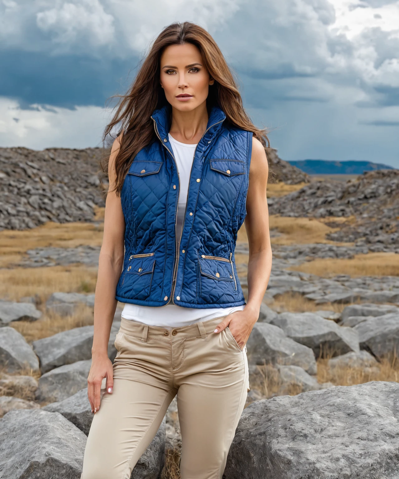 beautiful sexy caucasian adult brunette woman with long brown hair & having a strong muscular body wearing blue quilted vest & white sleeveless crop top under it & wearing beige khaki pants lost in a rocky landscape with cloudy skies