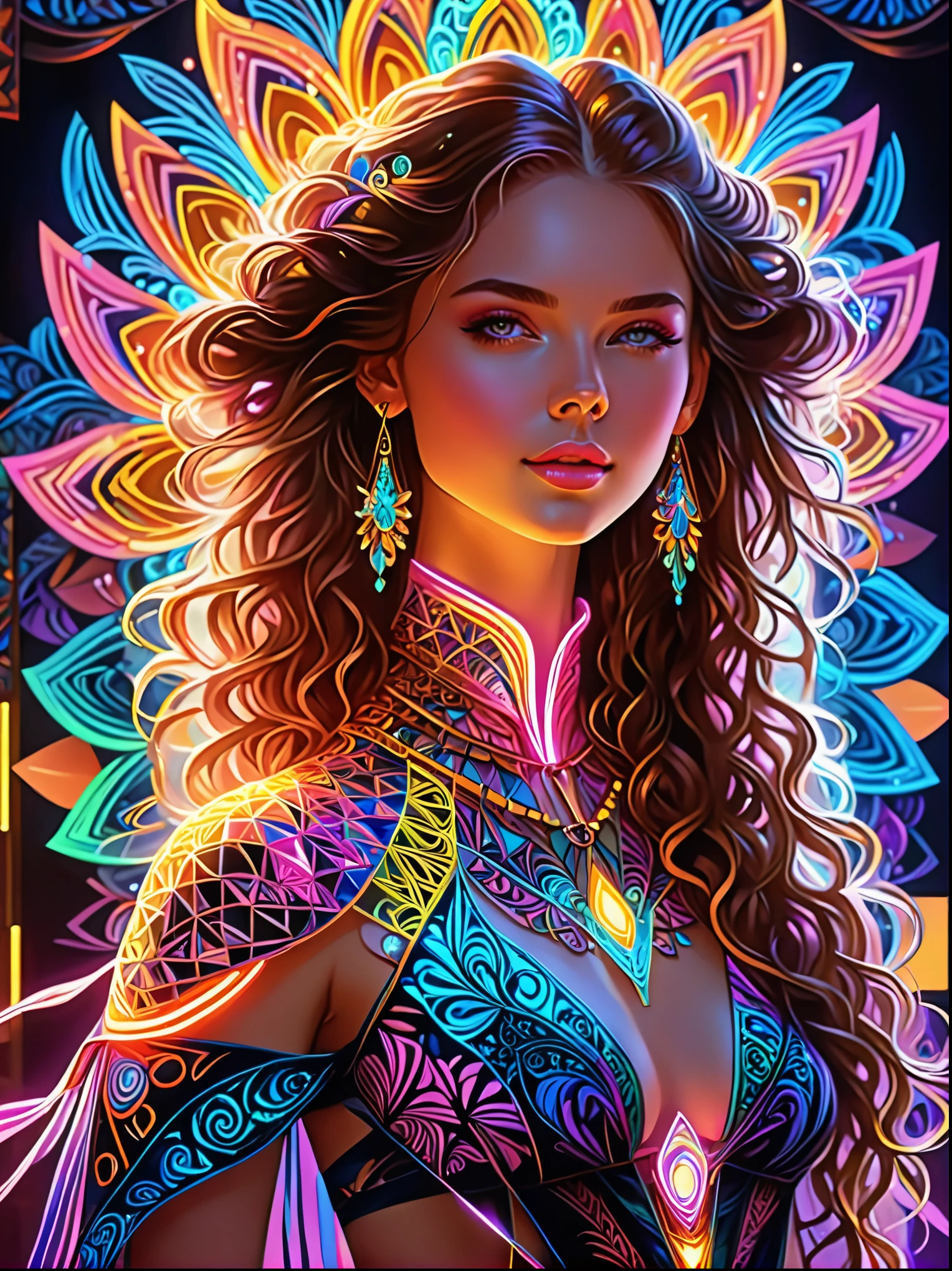 (masterpiece, top quality, best quality, official art, Beautiful and beautiful:1.2), (1 Girl:1.3), Extremely detailed,(Fractal Art:1.2),rich and colorful,The most detailed,( Zentangle neon light:1.2), (Dynamic poses), (Neon geometric background:1.5), (Traditional clothing:1.2), (Glowing skin), (Many colors:1.4), Upper Body ,neon,16K,Full HD