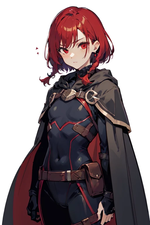 fantasy class,rogue,
ligne claire,flat color,
1girl,
red hair,twin braids,short hair,
red eyes,
earrings,
assassin suit,black suits,
short cape,
cowboy shot,looking_at_viewer,
(white background),