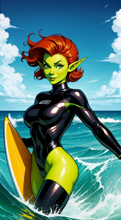 1girl, 25 years old, fantasy goblin, pointy ears, green colored skin, ginger hair, surfing an ocean wave, standing on a surfboard, surfing stance, skilled surfer, excited expression, black wetsuit