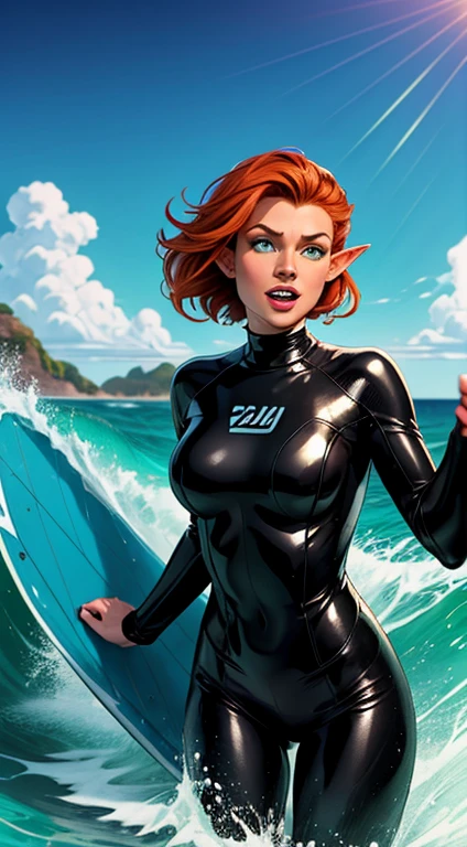 1girl, 25 years old, fantasy goblin, pointy ears, green colored skin, ginger hair, surfing an ocean wave, standing on a surfboard, surfing stance, skilled surfer, excited expression, black wetsuit