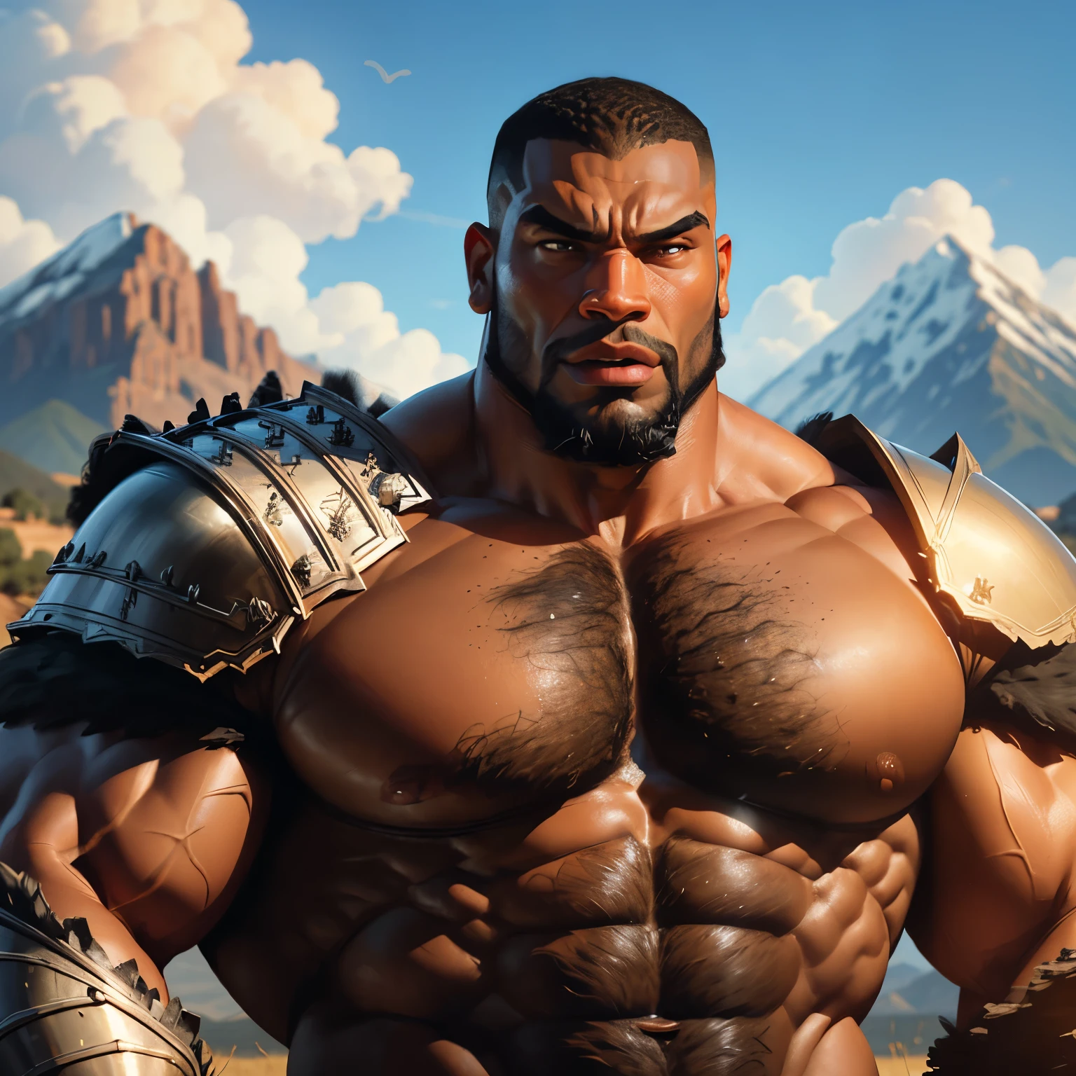an exaggeratedly muscular and large bodyguard, beefy build, beard, dark-skinned african american male, buzzcut hair with square line, (surprised expression: 1.2), (tribal armor: 1.2), (bara pecs: 1.3), (arm and chest hair: 1.1), portrait HD, (mountains), macro, macro size, landscape dwarfing, towering over tiny battlefield, goliath