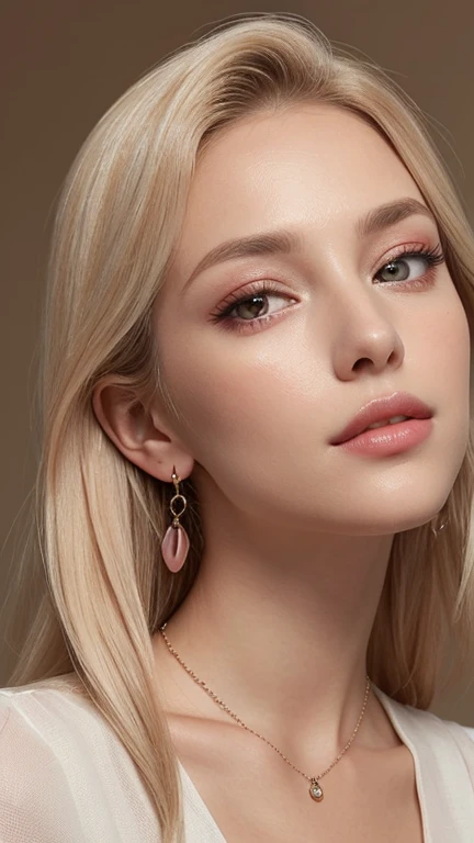 1 29 year old blonde woman with long hair posing for a picture, Beautiful blonde woman, beautiful blonde woman, (She is blushing and making a kissy face1.4), ((Her face is turned upwards:1.3)), Beautiful, well-cared for blonde, 8K Portrait, ((Angle of view from above)), Smooth blond woman, (Slim figure top model:1.2), breast enhancement, (Blonde Swedish woman), (Blonde eyebrows), Glossy long blonde hair, (She's droopy eyes and the eyes are quarter-opened:1.3), ((Looking up at the viewer:1.2)), ((Her thick plump and parted lips:1.5)), (Her upper body photo), (A person in the center left and right, The whole head is shown:1.3), (Pastel colored buttoned collared blouse:1.3), (A very simple necklace and very simple earrings), Perfect Makeup