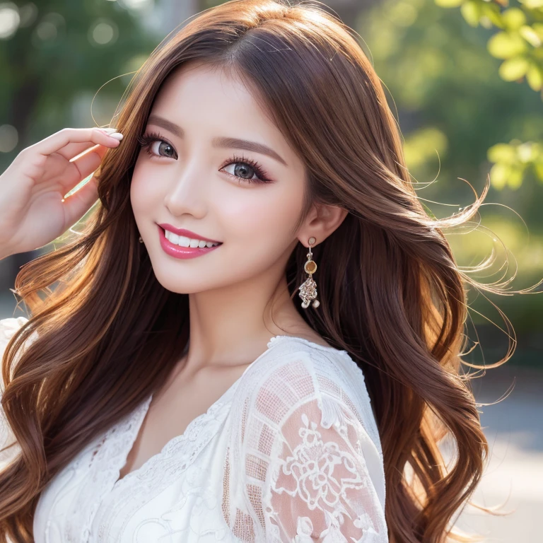 ((highest quality, Tabletop, Ultra-high resolution、The most complex and detailed depiction))、(Very bright lighting:1.1)、(Spring-like clothes)、(Beautiful woman:1.1)、(Long Wavy Hair:1.05), (Accurate anatomy:1.1)、Color Contact Lenses、Perfect Makeup、、lipstick、Highly saturated eyeshadow、Cute one-piece figure、blurred background, look at me and smile、outside、City Background(Face close-up:1.1)、(Ultra-high resolution光沢, Fair skin:1.1)、Ultra-high resolutionの顔、Ultra-high resolutionの髪、Ultra-high resolution sparkling eyes、Ultra-high resolution glossy lips、(Brightly lit white skin:1.1)、Beautiful face drawn in every detail、Ultra-high resolution perfect beautiful teeth、(bright and vivid:1.1)